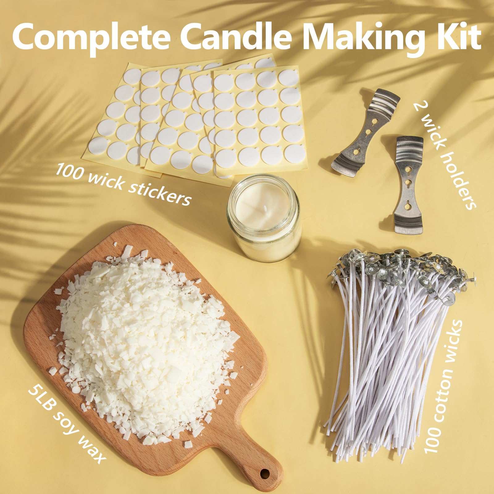 Premium Natural Soy Wax Flakes for Candle Making - 5 lbs Bag, Pure & Additive-Free with 100 Cotton Candle Wicks, 100 Wick Stickers & 2 Centering Devices - Perfect for DIY Candles, Home Fragrance & Relaxation