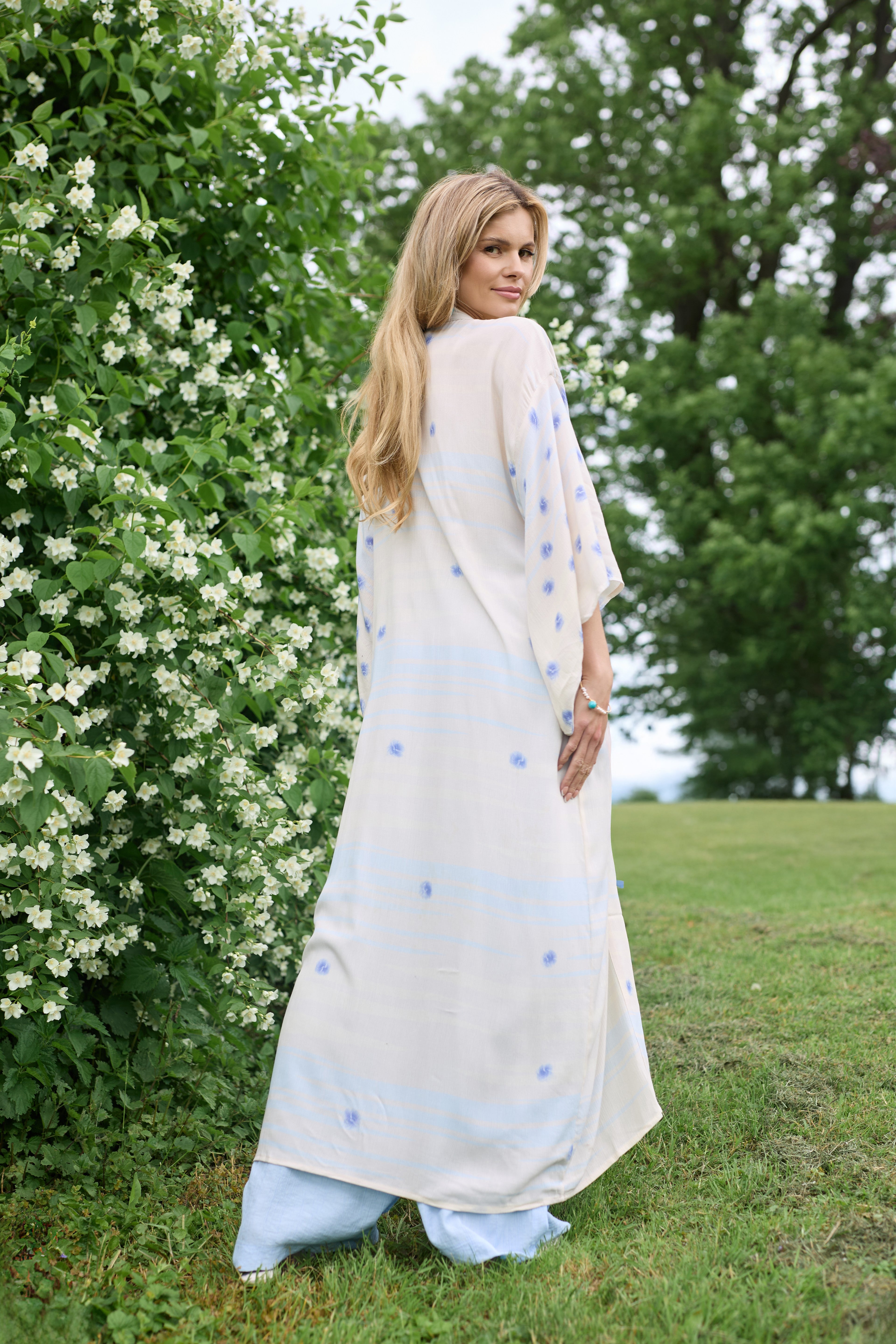 Soft Blue Dot Kimono - Lightweight Floral Printed Japanese Robe for Women - Perfect for Spa, Yoga, and Relaxation at Home