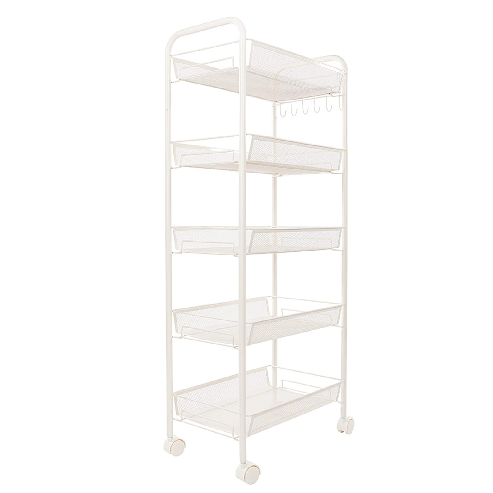 5-Tier Rolling Utility Cart with Wheels - Heavy Duty Metal Storage Cart for Office, Kitchen, Bathroom & Bedroom - Perfect for Organizing Books, Makeup, Art Supplies & More - White Multi-Purpose Mobile Cart (Ideal for Small Spaces, Dorm Rooms & Home Organization)