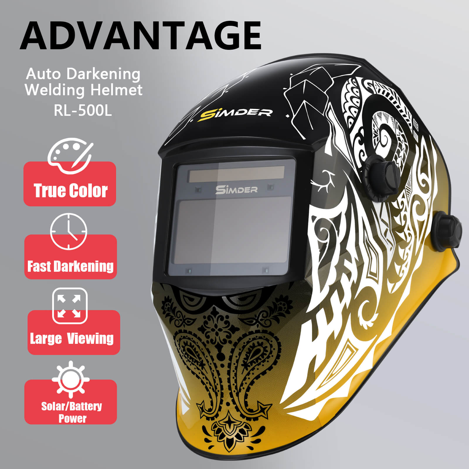SSimder Auto Darkening Welding Helmet RL 500L - True View Lens for Arc/TIG/MIG Welding - Solar Powered with Adjustable Shade 5-13 - Perfect for Metal Fabrication & DIY Projects