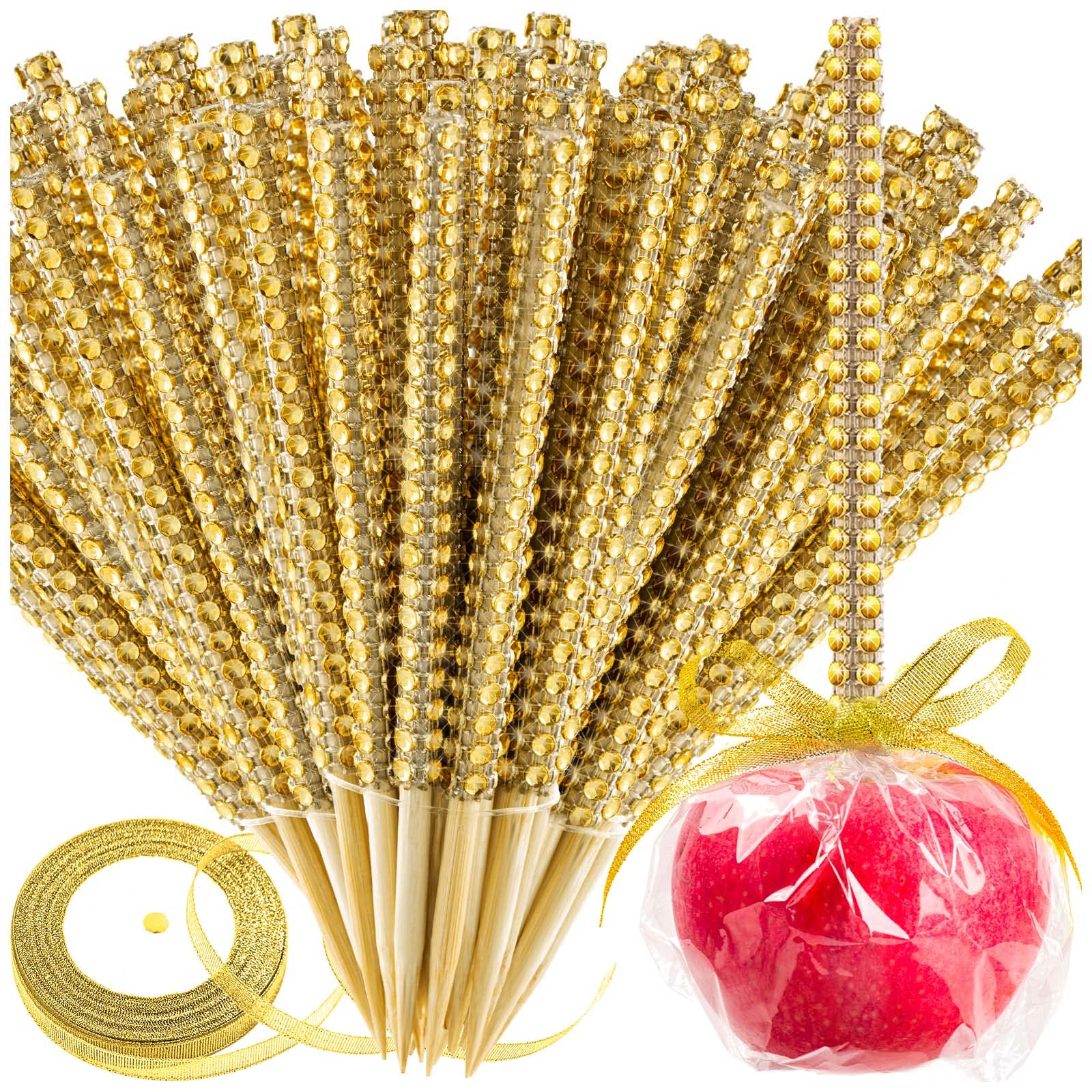 26Pcs Bling Sticks for Candy Apples - Caramel Apple Wooden Skewers with Glass Bags & Glitter Ribbons - Perfect for Chocolate, Fruit, Cake Pops - Great for Party Favors, Wedding Decorations & DIY Dessert Displays