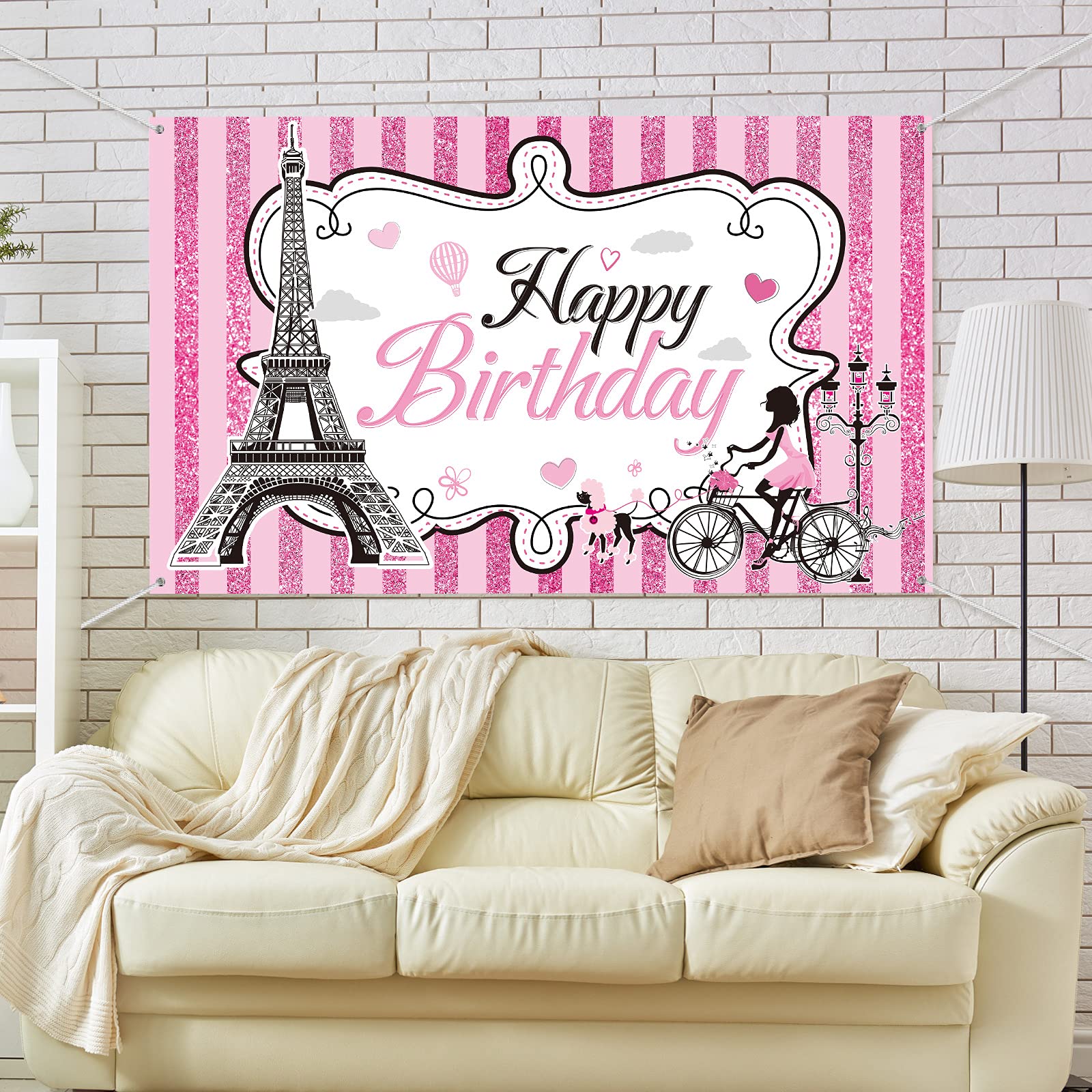 Paris Happy Birthday Backdrop - Eiffel Tower Photography Background for Paris Themed Party Decor | Sweet Pink Stripes Birthday Party Supplies | 5.9 x 3.6 ft | Perfect for Dessert Table Decorations, Baby Showers & Bridal Showers