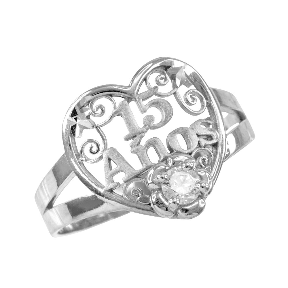 14K White Gold Sweet 15 Solitaire CZ Heart Ring for Quinceañera - Elegant Birthday Gift for Teen Girls, Perfect for Sweet 16, Quince Años Celebrations & Special Occasions