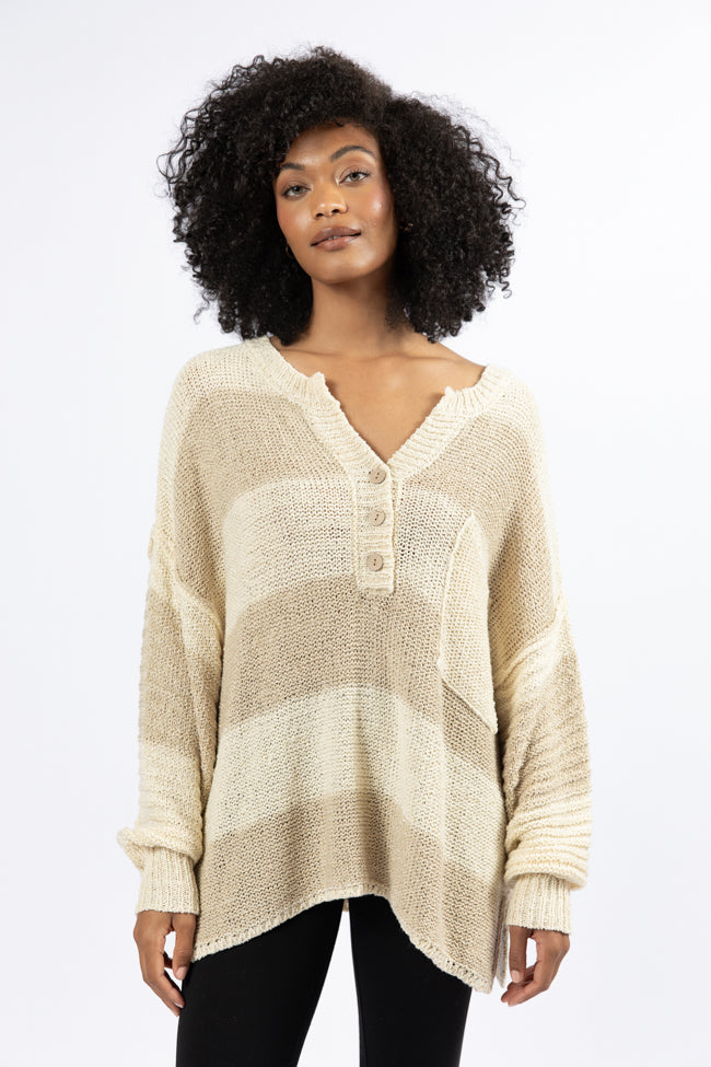 Best Beige Oversized Striped Henley Sweater for Women | Soft & Cozy Pullover | Casual Fall & Winter Fashion | Perfect for Layering, Coffee Dates & Weekend Outings