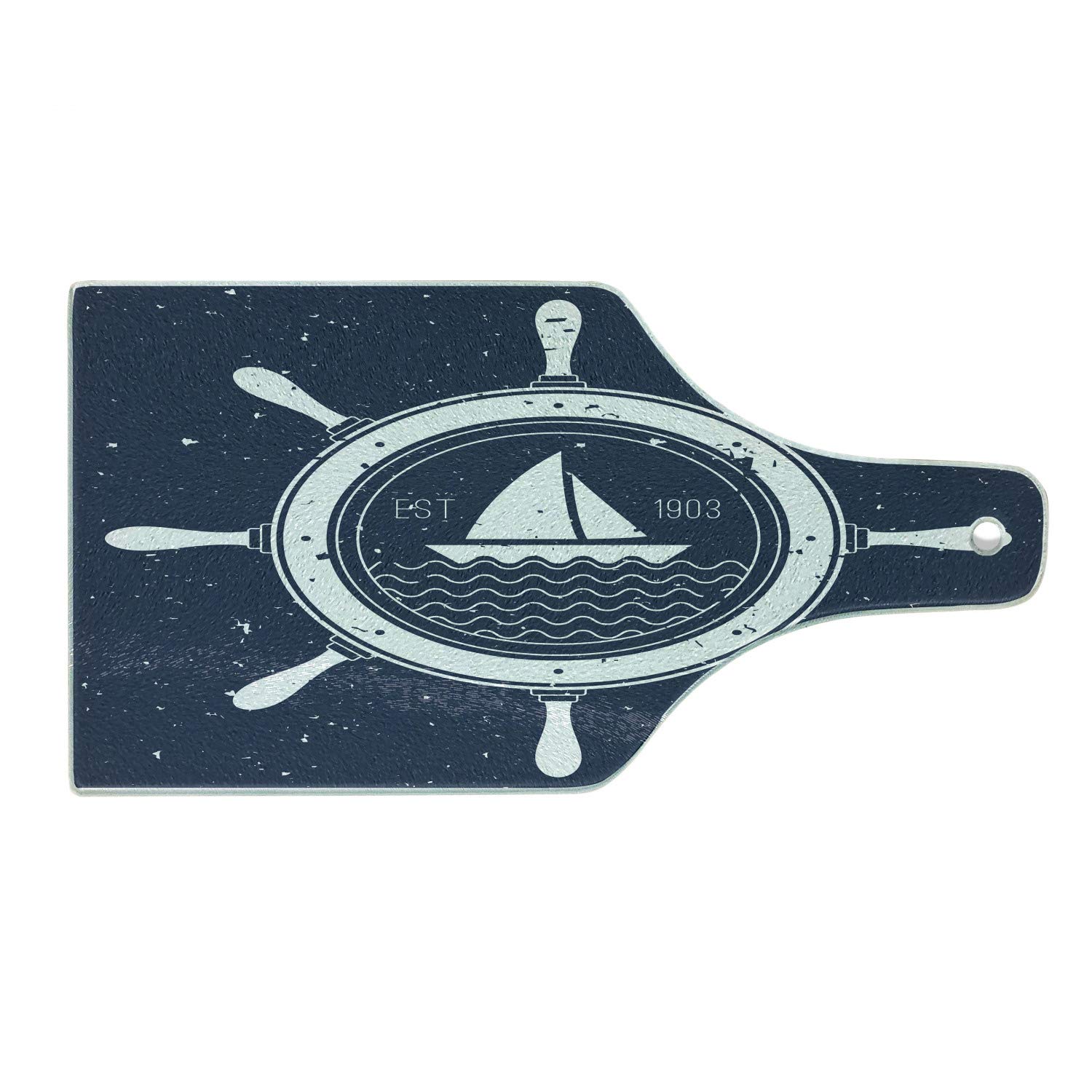Vintage Nautical Boat Cutting Board - Grunge Textured Marine Sailing Journey Design, Tempered Glass Serving Board with Wine Bottle Shape in Night Blue & White - Perfect for Kitchen Decor, Charcuterie Display, and Wine & Cheese Parties