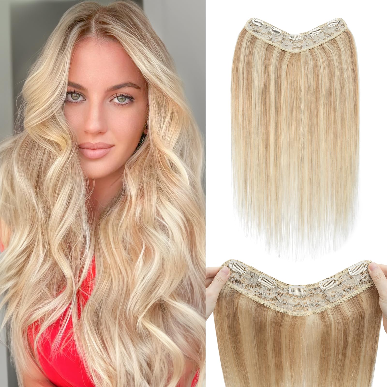 Benehair One Piece Clip in Hair Extensions - 100% Real Human Hair, 3/4 Full Head V-Shaped Weft with 5 Clips (22