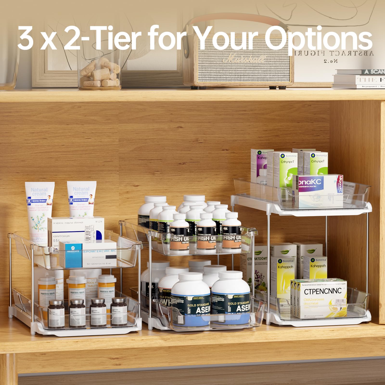 Delamu 2-Pack 3-Tier Under Sink Organizer Set - Stackable Bathroom & Kitchen Storage with Adjustable Dividers - Clear Pull-Out Cabinet Organizer for Pantry, Bathroom & Closet Organization (Perfect for Small Spaces & Home Organization)