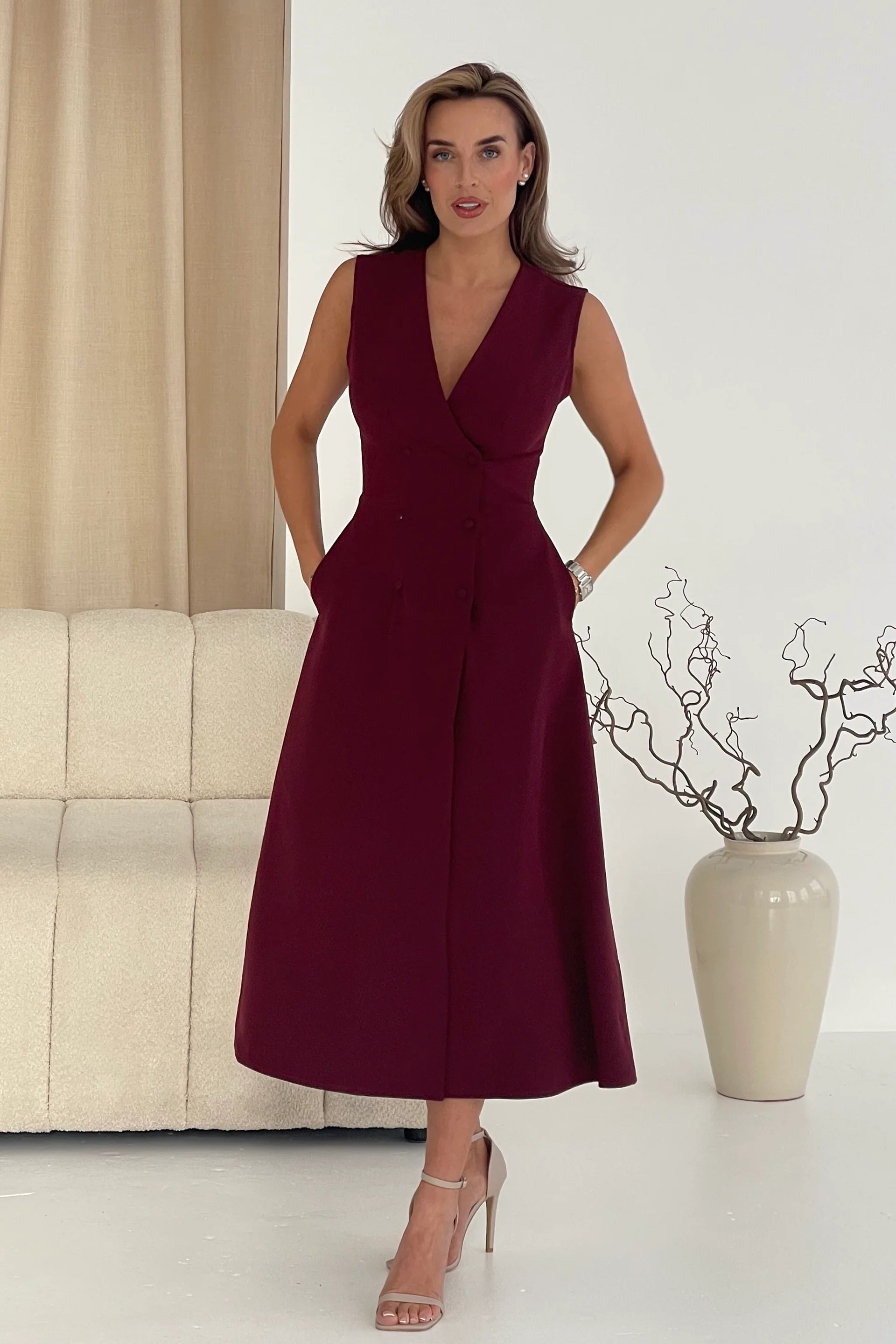 Elegant Hazel Tailored Sleeveless Midi Dress in Wine Red - Perfect for Summer Weddings, Cocktail Parties & Office Wear