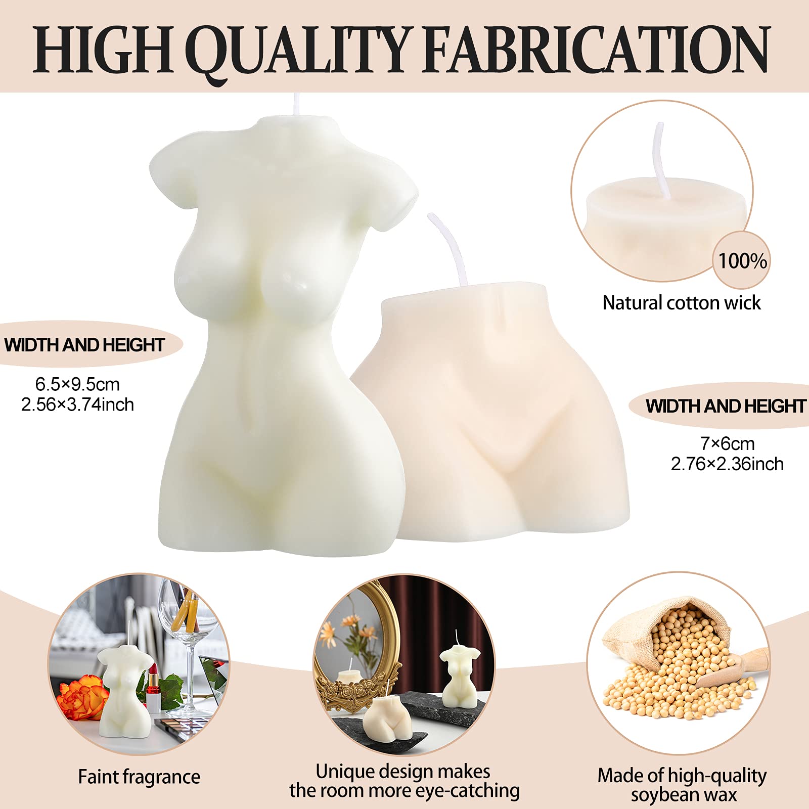 2 Pack Aesthetic Soy Wax Candles - Female Torso & Bottom Shaped for Home Decor, Living Room, Bedroom, Bathroom Table Decoration - Perfect for Romantic Dinners, Spa Nights & Gift Giving (White)
