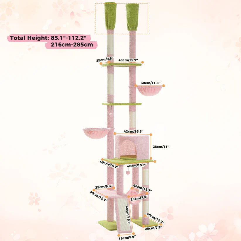 Premium Adjustable Height Cat Tree Tower (216-285cm) - Cactus Design Scratching Post for Indoor Cats - Durable & Stylish Pink Pet Furniture for Play, Climbing & Relaxation - Perfect for Small Spaces & Cat Condos