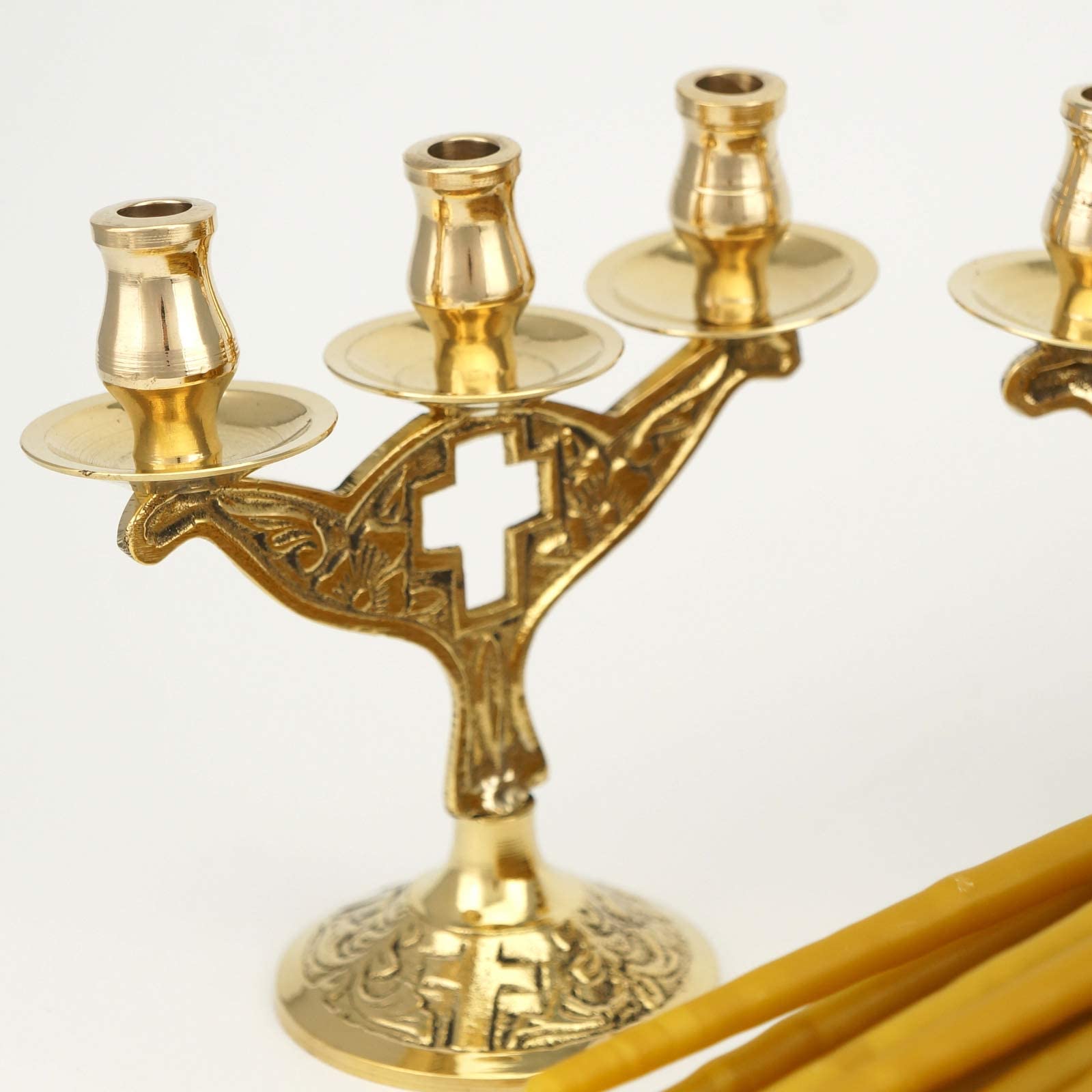 Elegant Cross Design Christian Candelabras - Set of 2 Ornate Orthodox Candle Holders for Church Taper Candles with 100 Pure Beeswax Candles | Perfect for Prayer Corners, Home Altars & Religious Decor