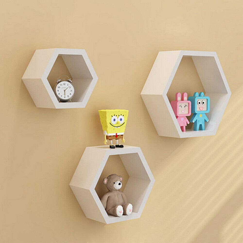 Modern Hexagonal Floating Shelves Set of 3 - Wall Mounted Wooden Storage Shelves for Bedroom, Living Room & Home Decor | Perfect for Displaying Books, Plants & Decorative Items