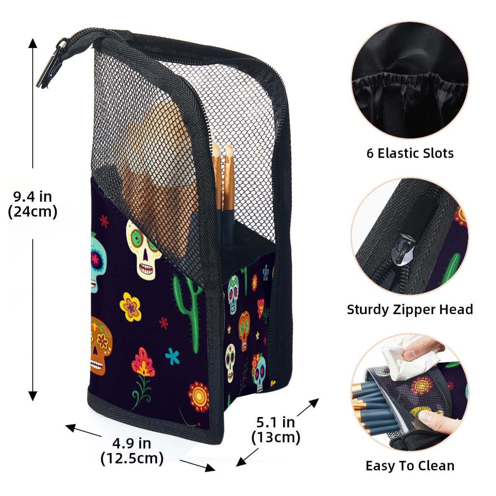 12-Piece Sugar Skull Makeup Brush Organizer Bag with Floral Design - Portable Cosmetic Brush Holder Case for Travel & Home Storage | Perfect for Makeup Artists & Beauty Enthusiasts