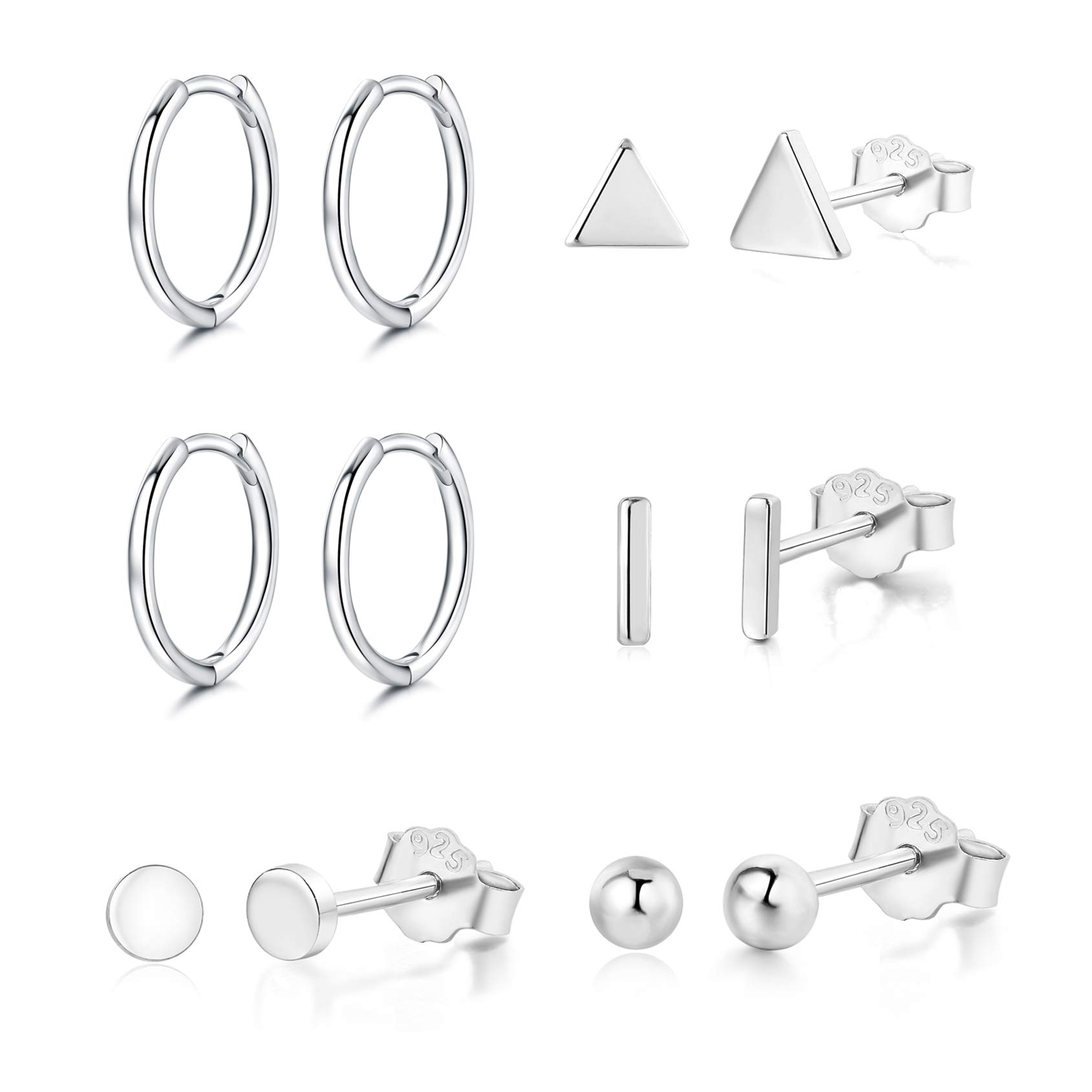 925 Sterling Silver Stud Earrings for Women & Men | Hypoallergenic Earrings Set | 4 Pairs White Gold Plated Silver Studs | Perfect for Everyday Wear, Gifts & Special Occasions