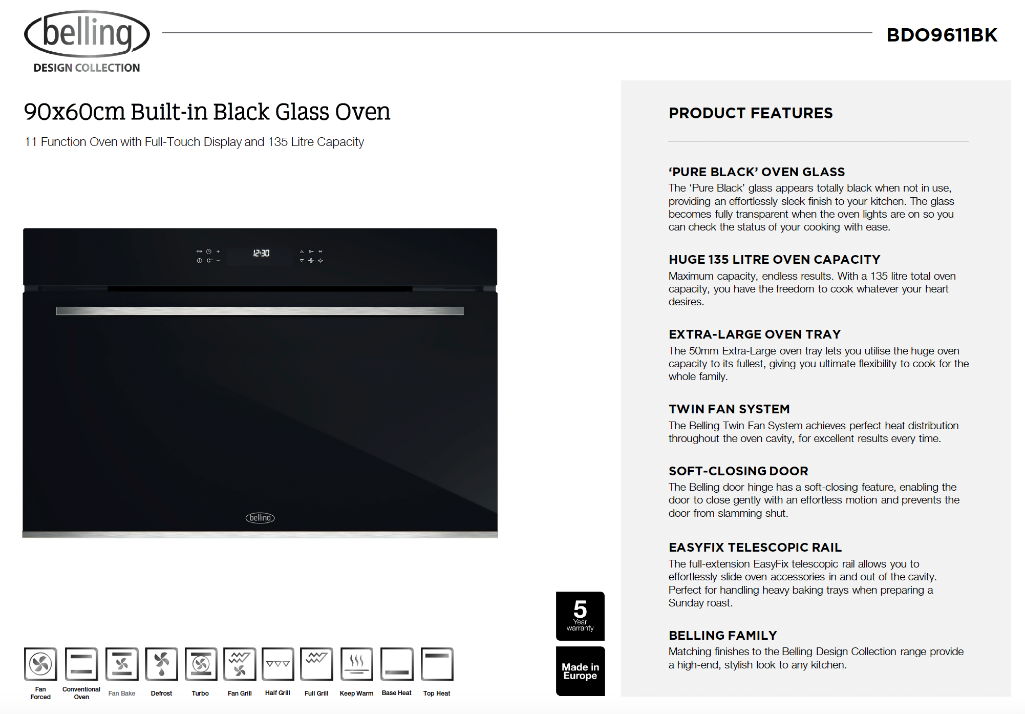 Belling BDO9611BK 90cm Built-in 8 Function Black Glass Oven - Italian Made Professional Kitchen Appliance | Perfect for Baking, Roasting & Family Cooking
