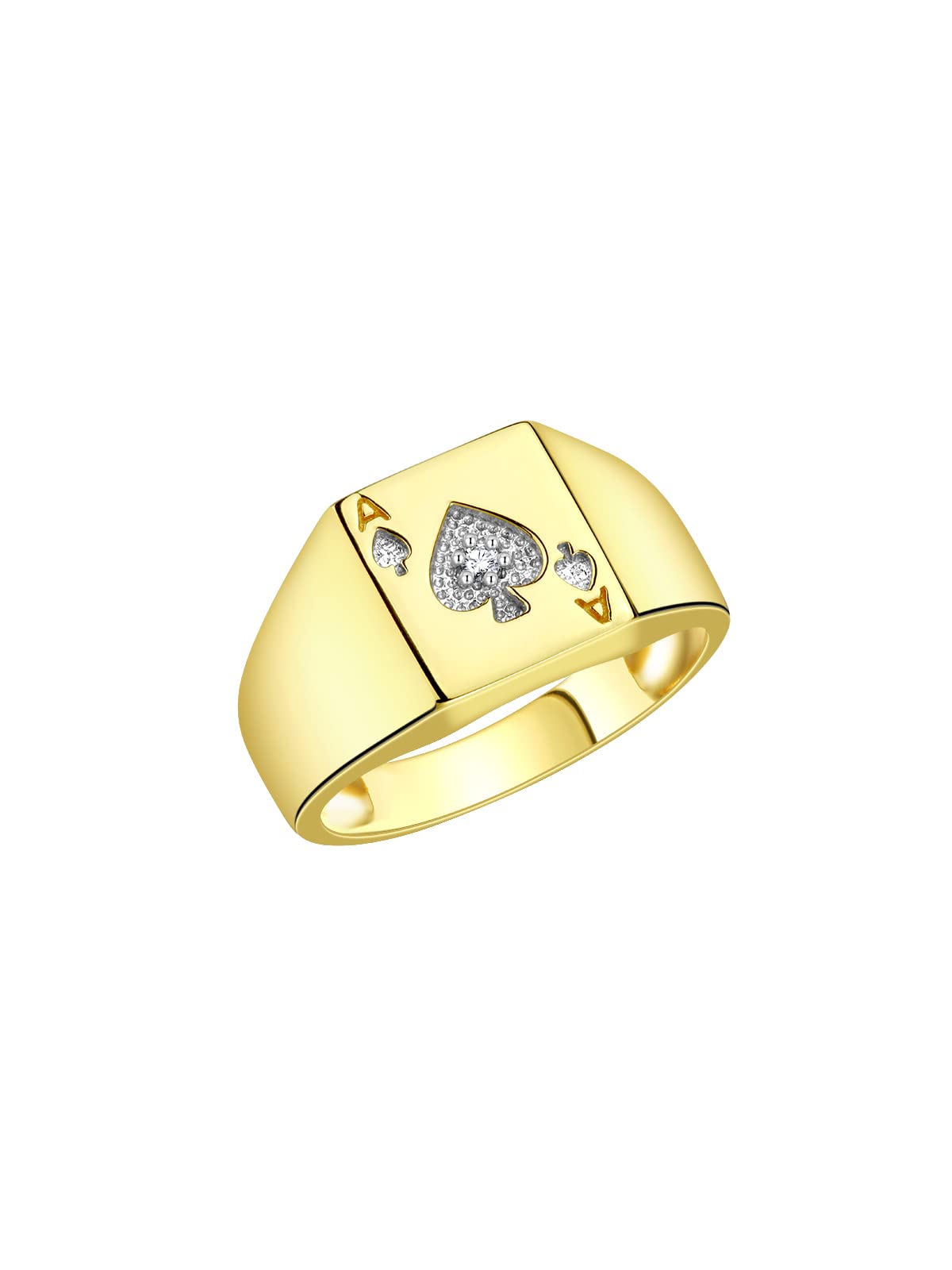 Lucky Ace of Spades Poker Ring - Diamond Studded Yellow Gold Plated Sterling Silver Gambling Jewelry for Men | Sizes 6-13 | Perfect Casino Night, Poker Tournament & Gift for Card Players