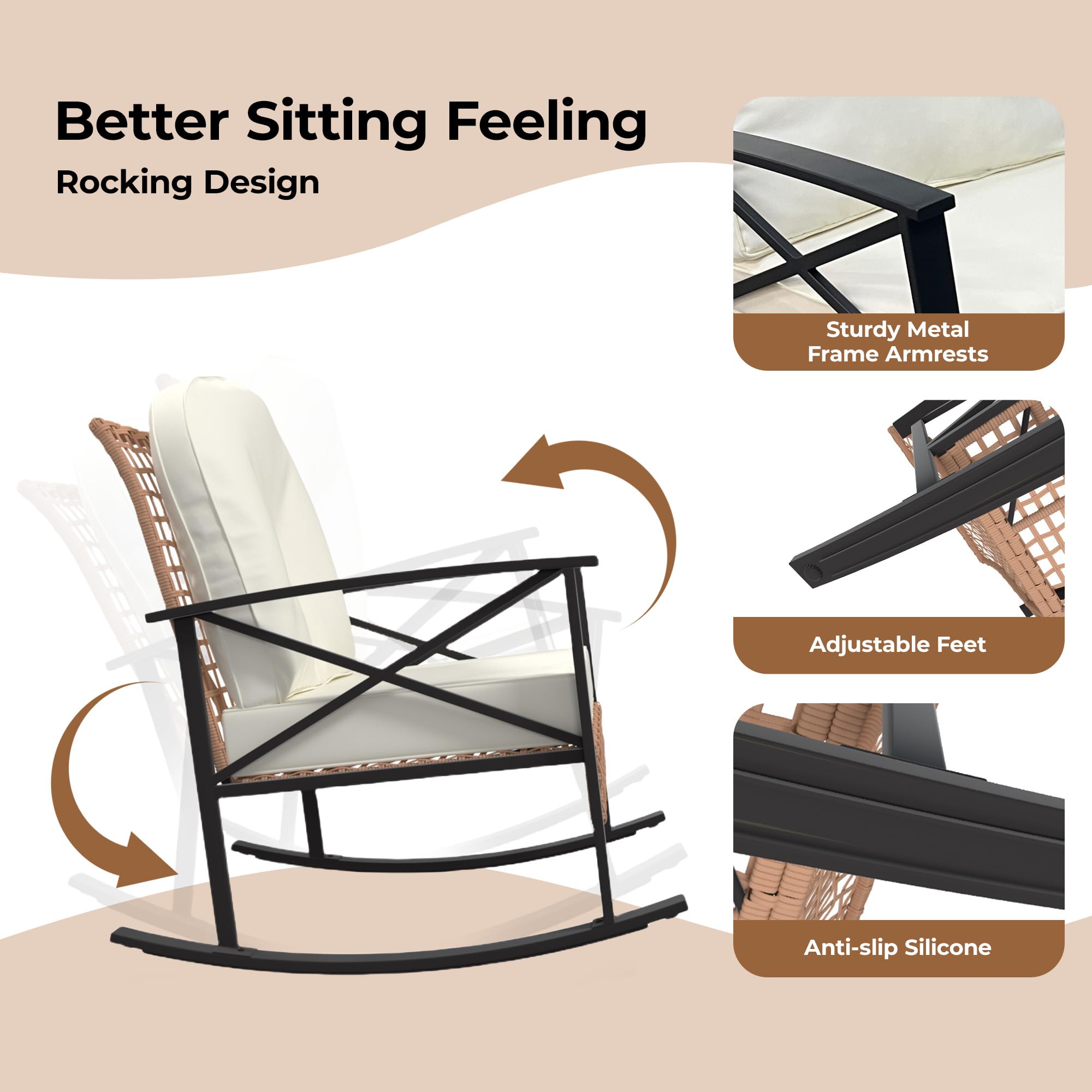 GARVEE 3-Piece Rattan Rocking Bistro Set - 2 Cushioned Rocker Chairs & 2-Tier Coffee Table - Outdoor Patio Furniture for Garden, Porch, Backyard - Perfect for Relaxing, Entertaining & Enjoying Morning Coffee