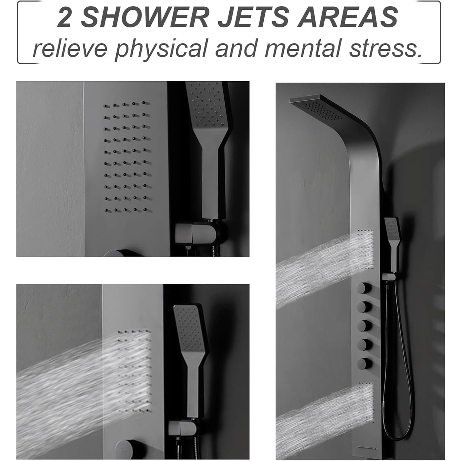 BWE Black Stainless Steel Shower Tower Panel System - Multi-Function Wall Mount Shower Column with Rainfall Shower Head & Handheld Wand for Luxurious Bathroom Experience | Perfect for Modern Home Spa & Master Bathroom Renovation