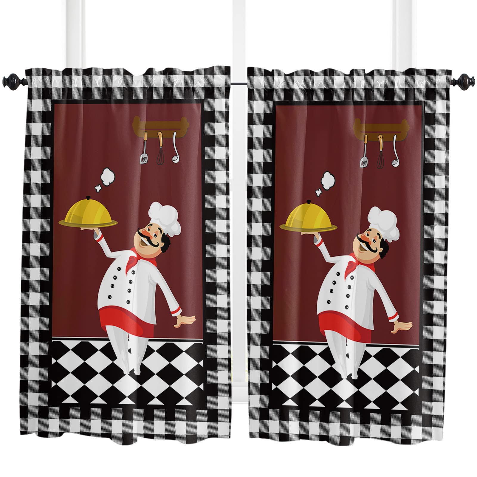 Fat Chef Kitchen Curtains 45 Inch Length - Black & White Buffalo Plaid Cafe Tier Curtains Set (2 Panels) - Checkered Window Treatment with Rod Pocket - 55x45 Inches - Perfect for Farmhouse, Country Style Kitchens & Small Windows