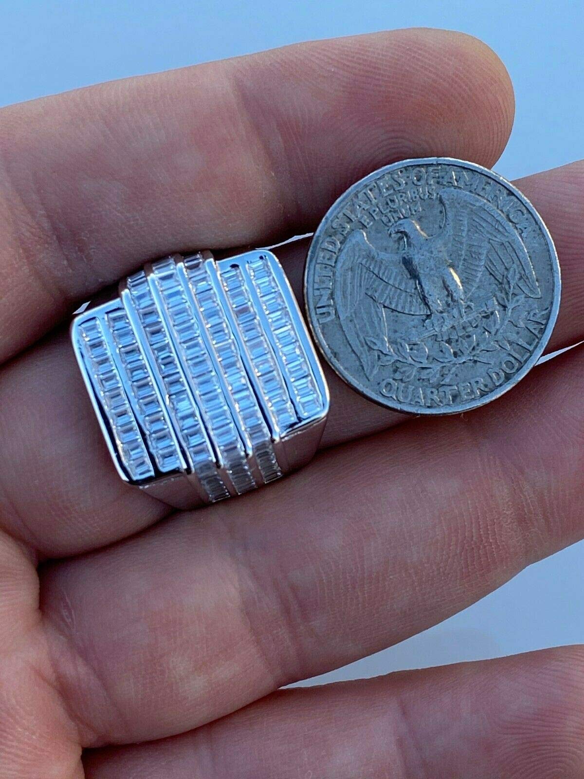 Real Solid 925 Sterling Silver Men's Large Hip Hop Ring with Baguette Diamonds - Iced Out Bling Ring for Pinky or Ring Finger - Perfect for Rappers, Streetwear Fashion & Gift Giving