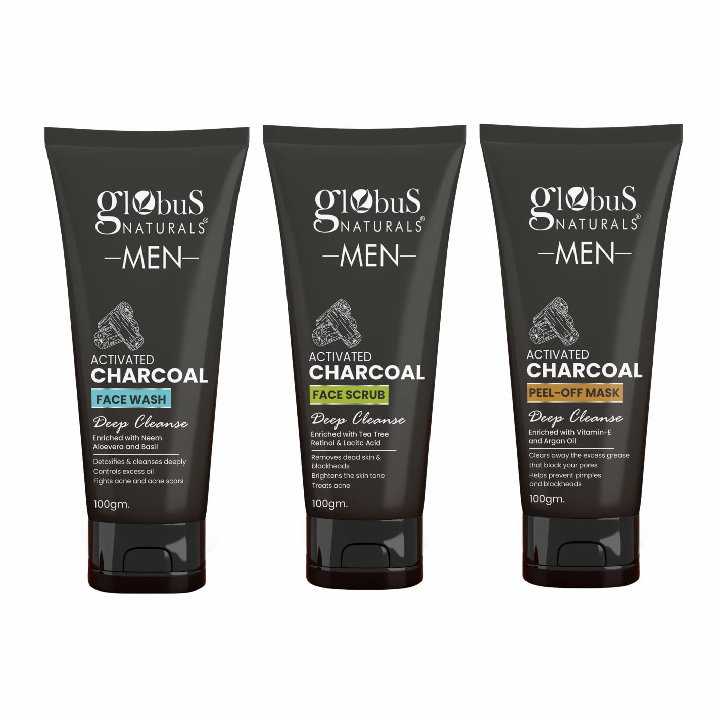 Globus Naturals Charcoal Anti-Pollution Face Care Combo for Men - 3-Piece Set with Face Wash, Scrub & Peel Off Mask | Deep Cleansing & Detoxifying Skincare Routine for Oily & Acne-Prone Skin