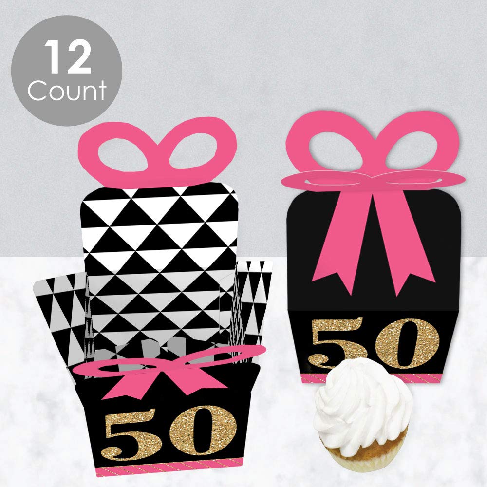 Chic 50th Birthday Gift Boxes - Pink, Black & Gold - Set of 12 for Party Favors