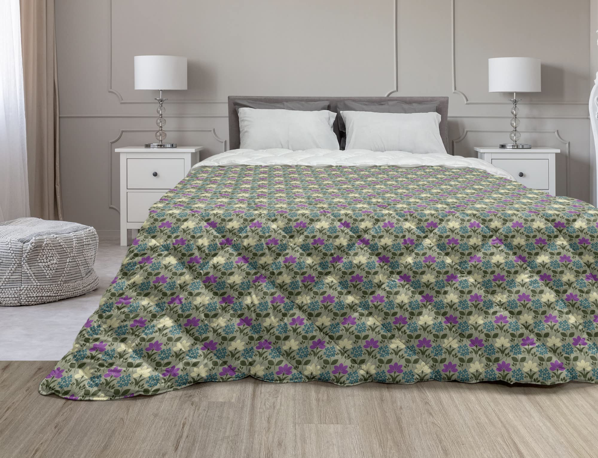 Ambesonne Purple Down Alternative Comforter | Retro Vintage Botanical Flower Design | All-Season Microfiber Quilt | Twin XL Size | Khaki Multicolor | Perfect for Bedroom Decor & Guest Room Comfort