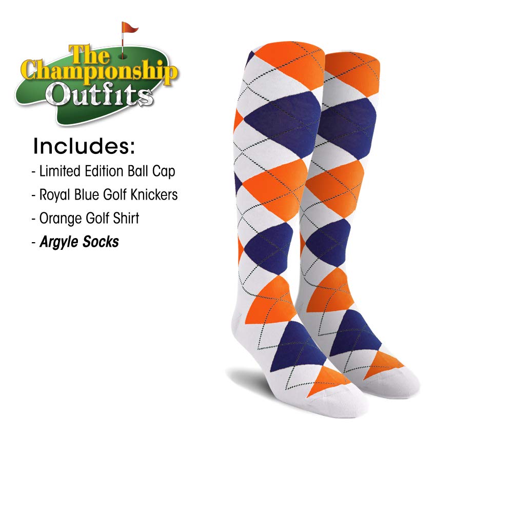 Royal Blue Microfiber Men's Outfit Set - Limited Edition Ball Cap, Over-The-Calf Argyle Socks & Orange Golf Shirt | Perfect for Golfing, Casual Wear & Sports Events