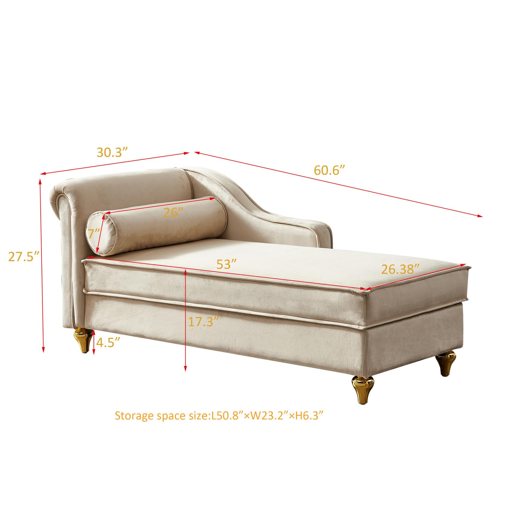 Modern Velvet Upholstered Chaise Lounge Chair with Storage & Bolster Pillow - Retro Metal Legs Sleeper Sofa Recliner for Bedroom, Office & Living Room - Beige | Cozy Reading Nook, Guest Bed & Relaxation Spot