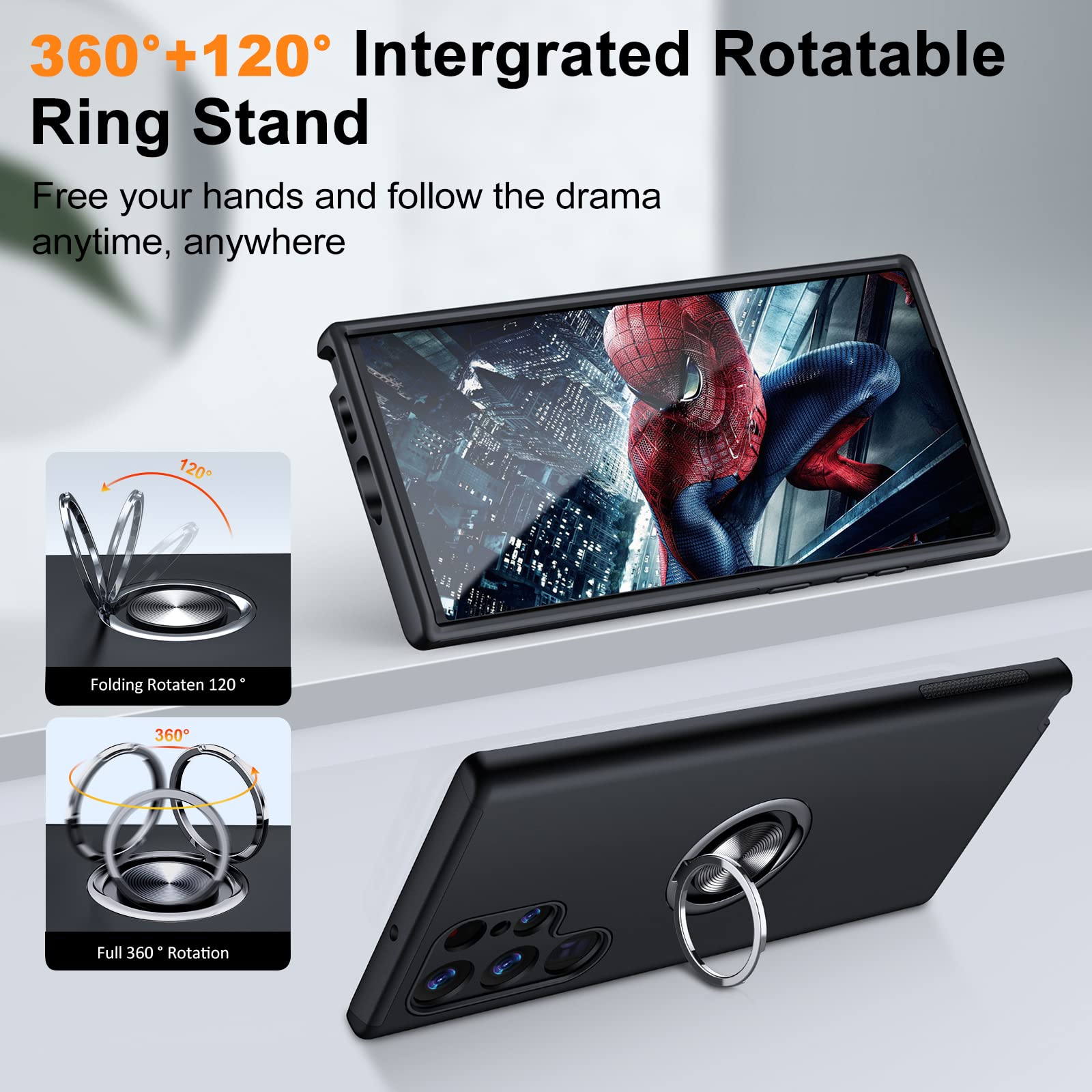 Slim Soft Bumper Protective Case for Samsung Galaxy S22 Ultra with Invisible Ring Holder & Kickstand - Black | Perfect for Daily Use, Travel & Hands-Free Viewing