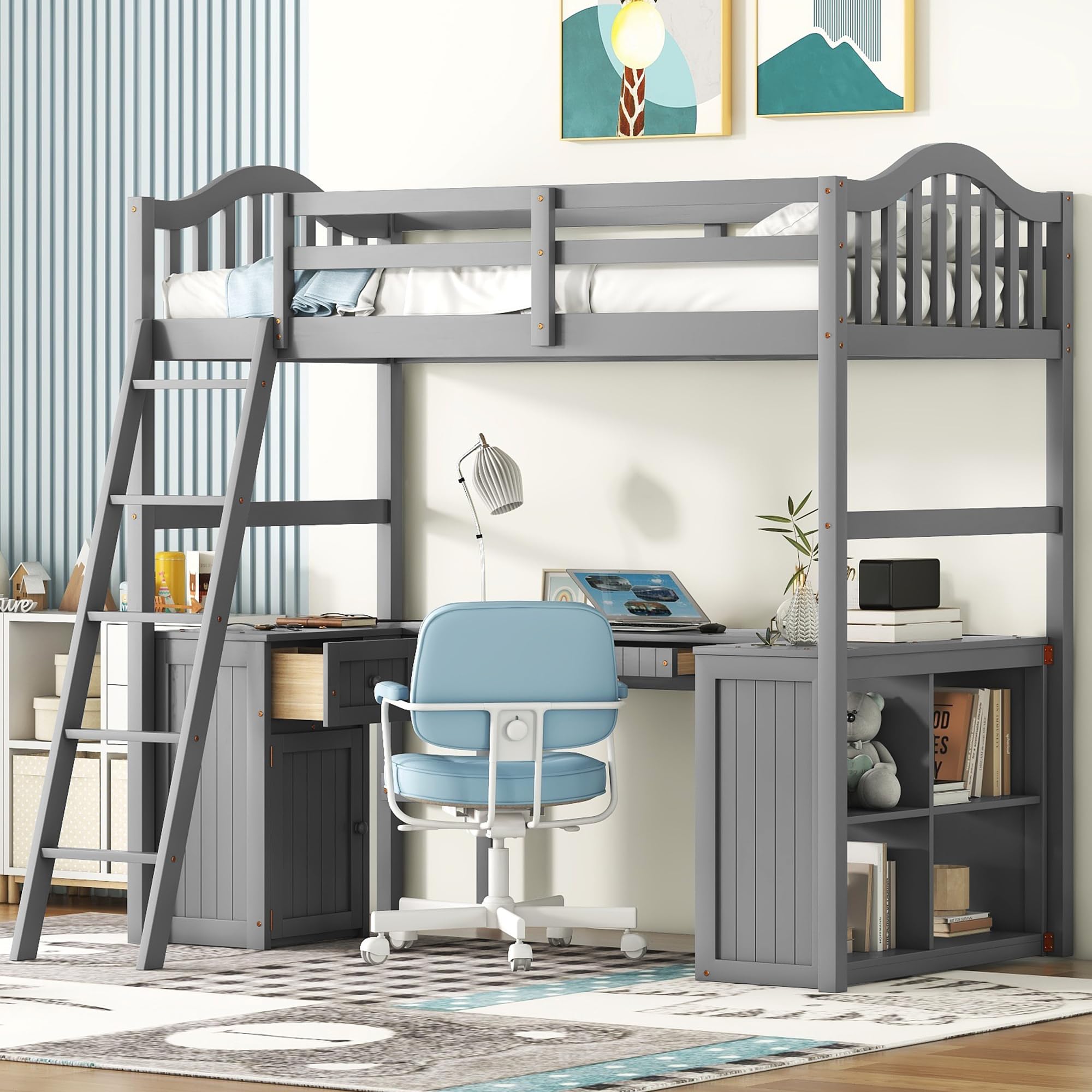 Twin Loft Bed with Desk, Drawer & Cabinet - Sturdy Wood Loft Bed with Bookcase Shelves for Kids, Teens & Adults - Space-Saving Dorm Furniture for Small Rooms (Gray) - Perfect for Bedrooms, Apartments & College Dorms