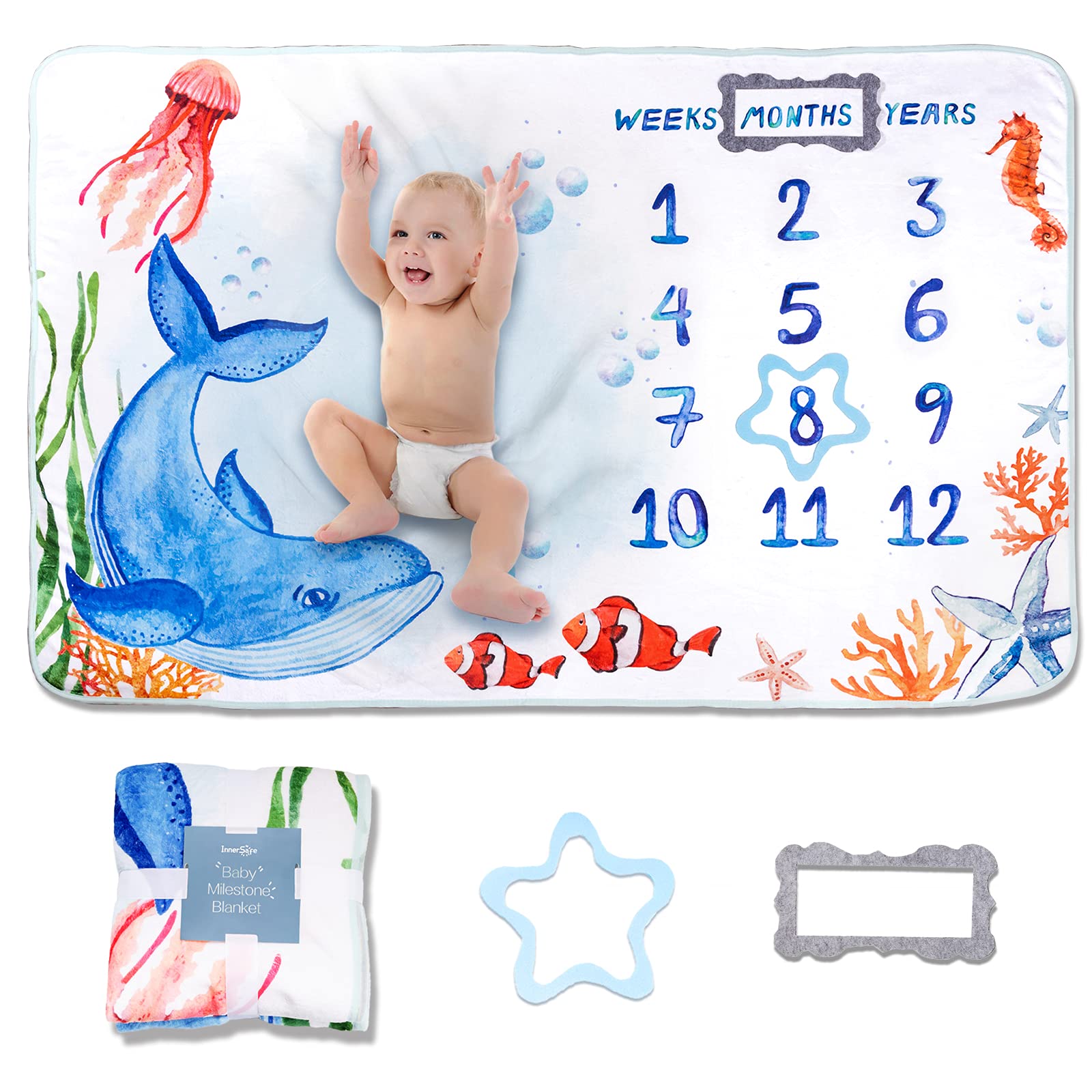 Original InnerSafe Baby Milestone Blanket - 60'x40' Ocean World Design for Newborn Photography Props | Perfect for Monthly Growth Tracking, Baby Shower Gifts & Nursery Decor (Boy/Girl Neutral)