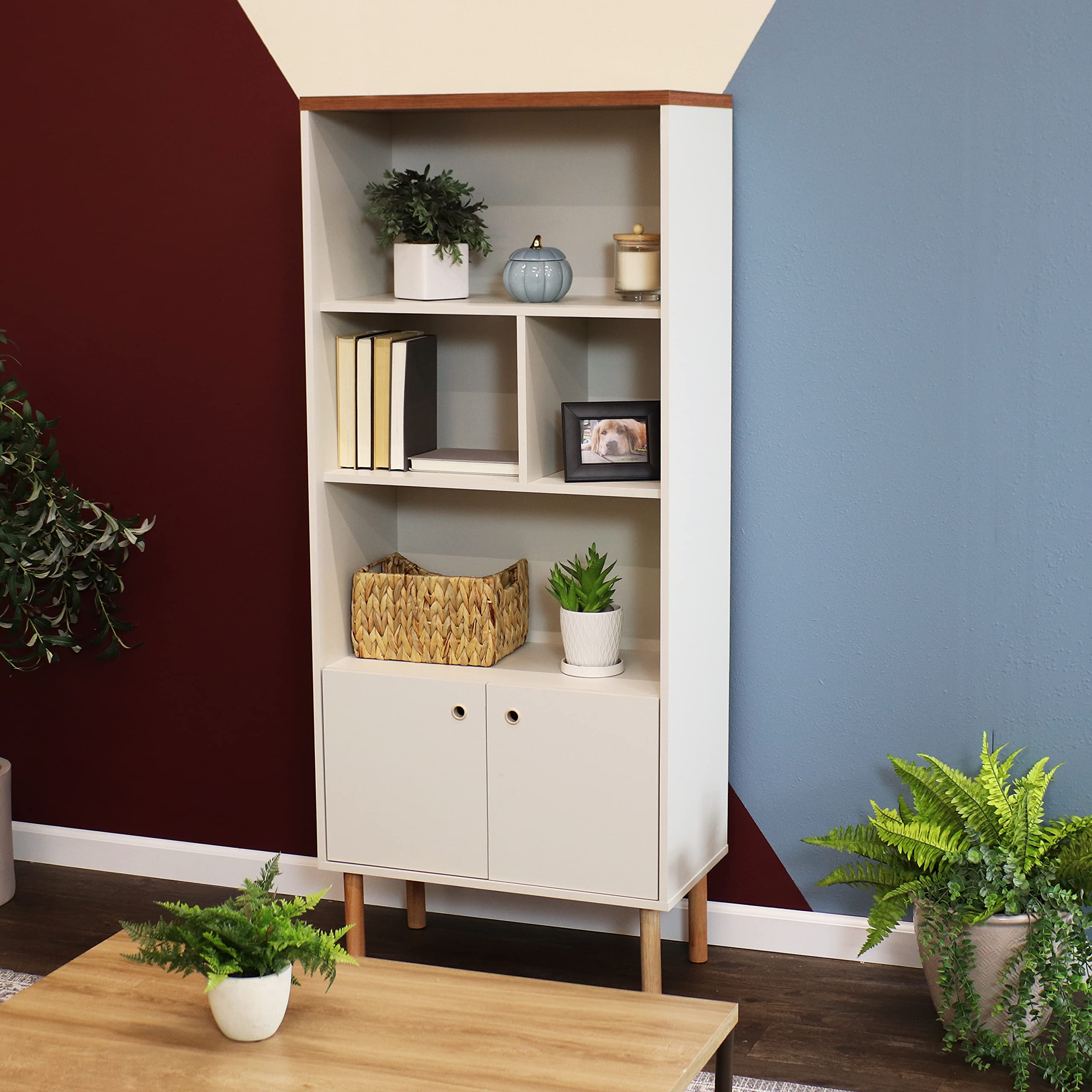 Mid-Century Modern 5-Shelf Bookcase with Storage Cabinet - Stylish Latte Wooden Bookshelf for Living Room, Bedroom, Office & Dining Room - Perfect for Home Decor, Book Storage & Displaying Decorative Items