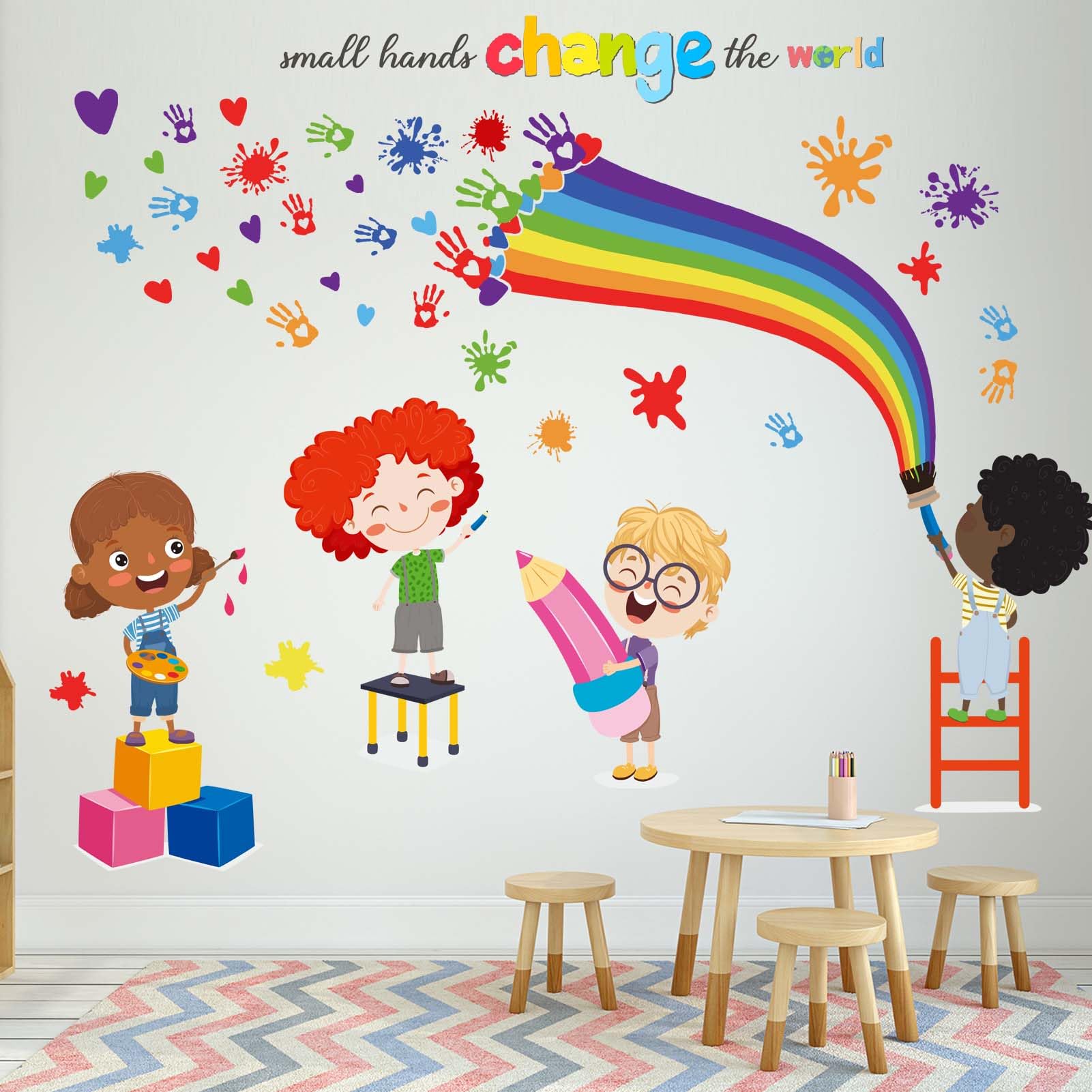 PinkEleph Small Hands Change The World Wall Stickers - Inspirational Quotes Rainbow Wall Decals for Kids Room, Nursery, Classroom, School, Daycare & Library - Motivational Playroom Wall Decor for Children's Education & Creativity