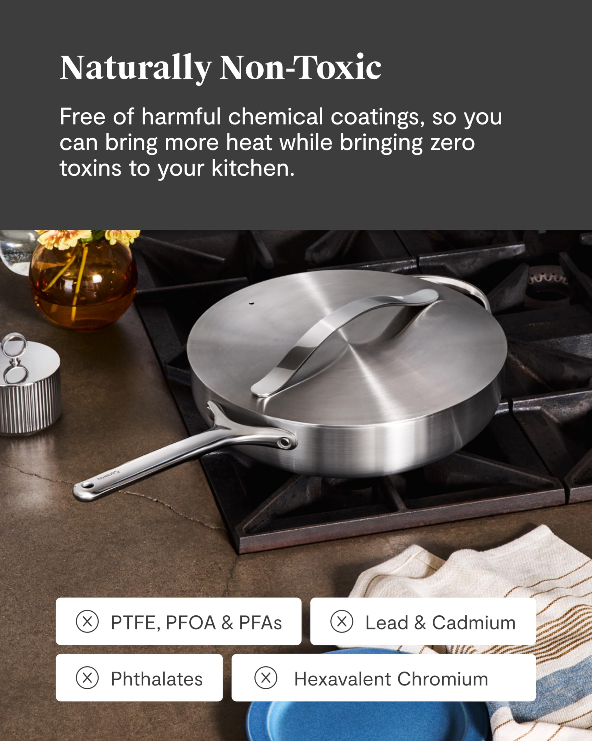 Caraway 4.5 Qt Stainless Steel Sauté Pan - 5-Ply Construction, Oven & Stovetop Safe, Non-Toxic PTFE & PFOA Free Cookware - Perfect for Searing, Braising & Everyday Cooking