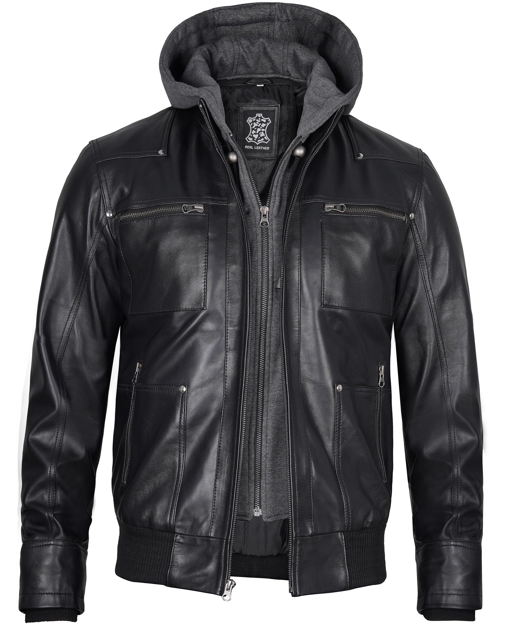 Decrum Men's Hooded Leather Bomber Jacket - Premium Genuine Leather with Removable Hood for Casual & Motorcycle Riding | Winter & Fall Outerwear