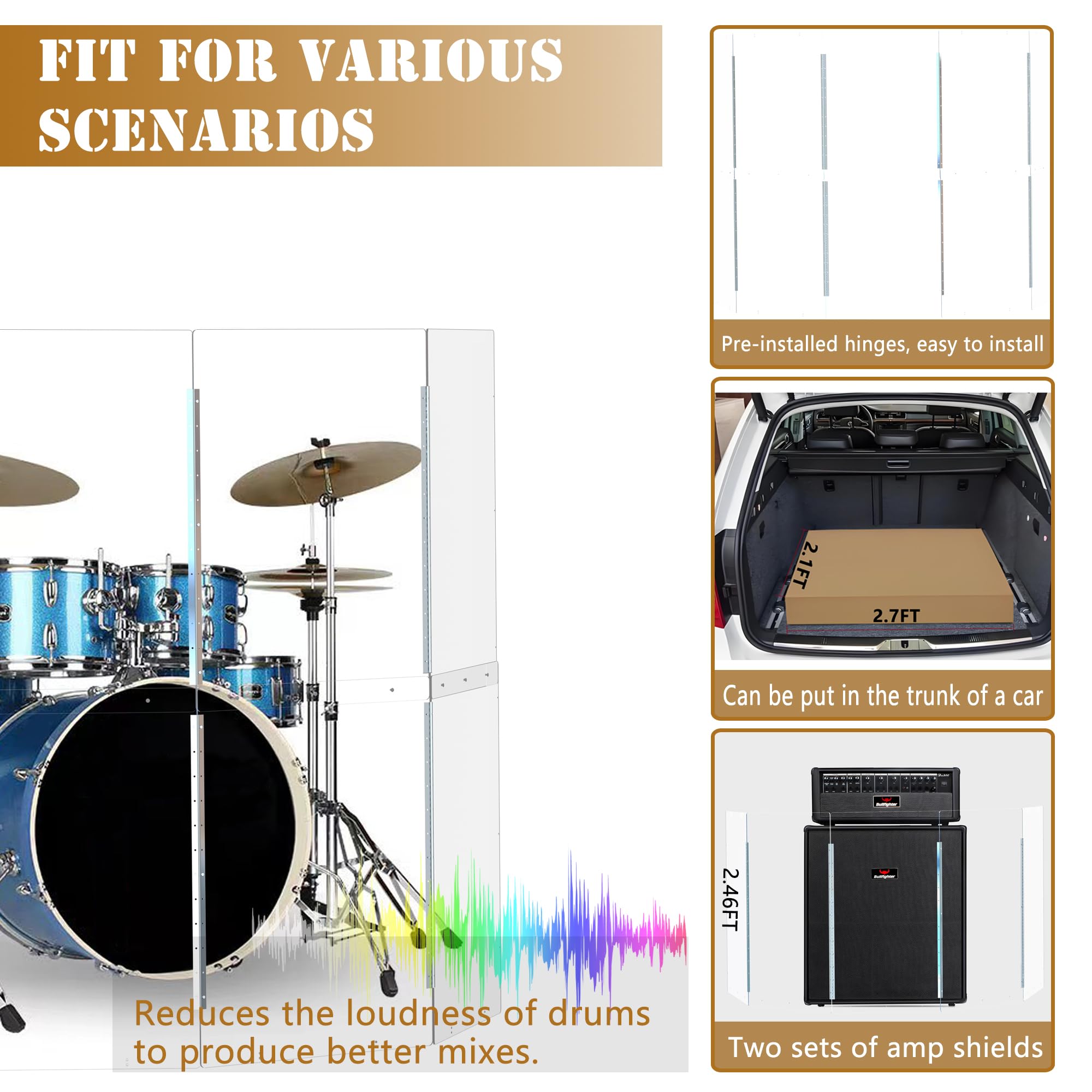 5-Panel Portable Drum Shield 2ft x 5ft - Acrylic Sound Screen with Full-Length Stainless Steel Hinges | Drum Cage for Live Performances, Church Worship & Studio Recording | Noise Reduction for Drum Sets & Practice Sessions