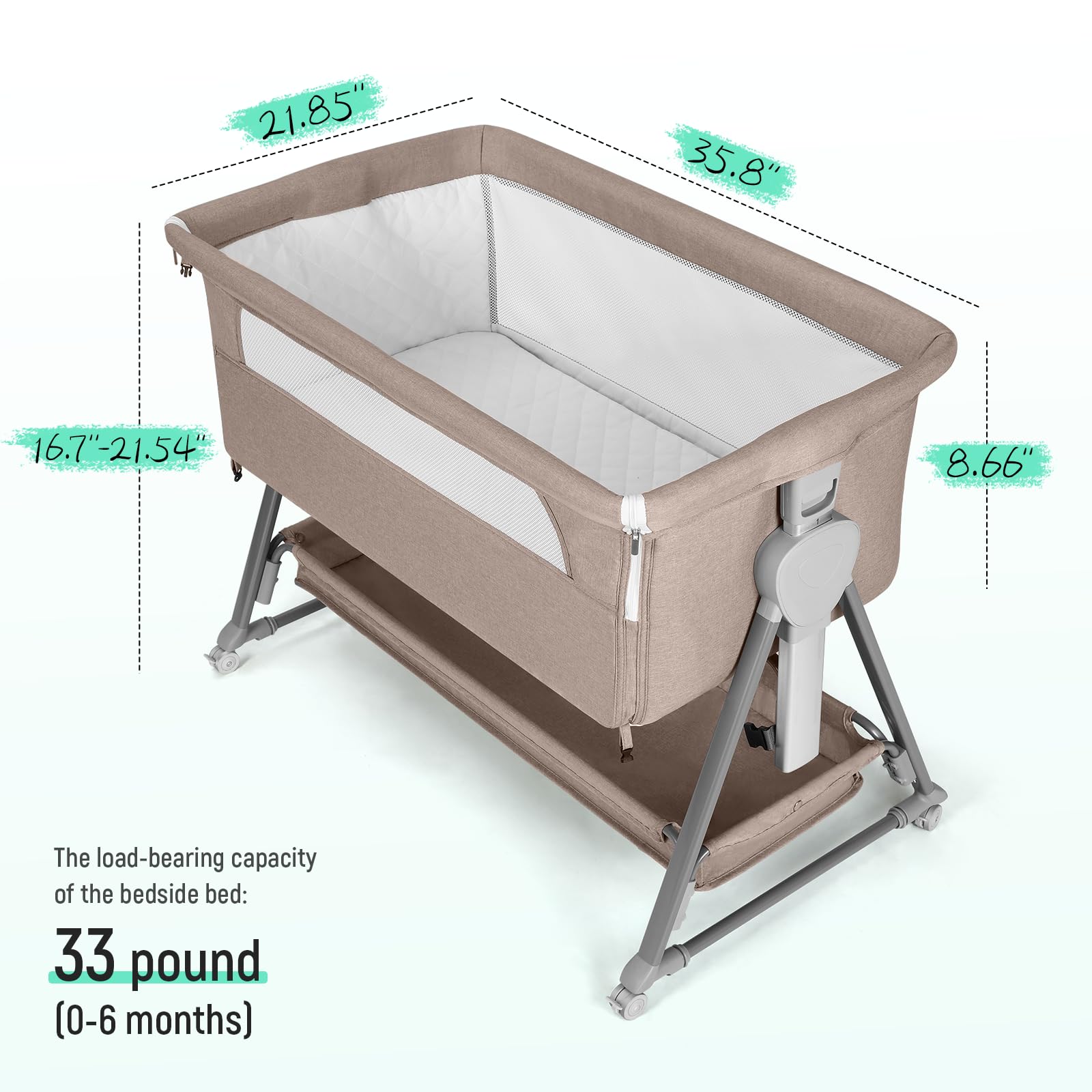 Cowiewie Portable Baby Bassinet - Light Brown Folding Bedside Sleeper with Storage Basket & Wheels for Newborns | Nursery, Bedroom & Travel Use | Reduce Mom's Fatigue