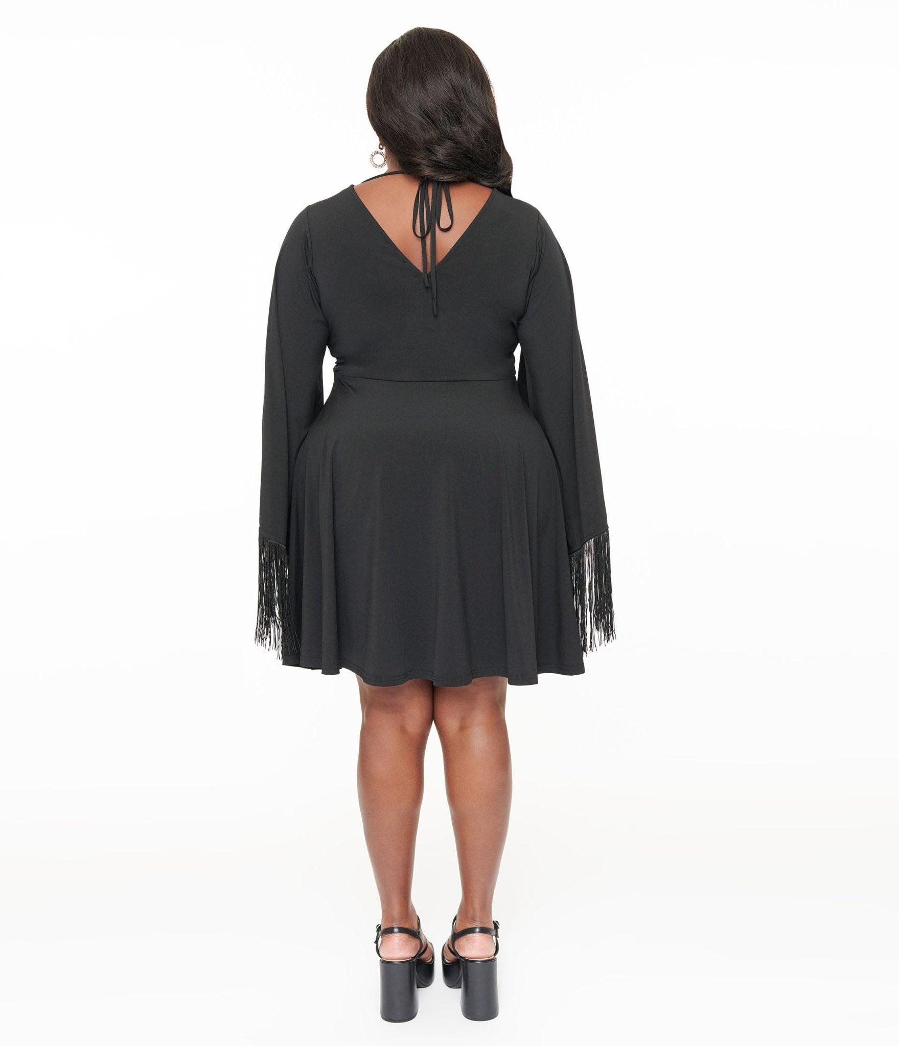 Smak Parlour Plus Size Black Fringe Bell Sleeve Fit & Flare Dress for Women - Elegant Party & Evening Wear for Special Occasions