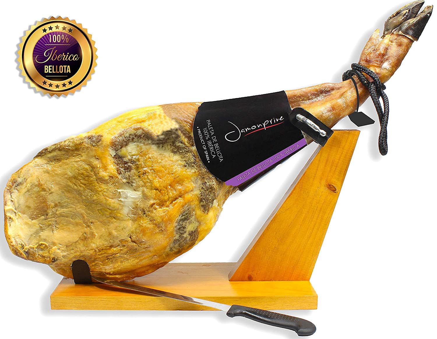 Premium Iberico Acorn-Fed Bellota Ham Shoulder Bone-In from Spain - 100% Pure Breed Pata Negra - Gluten Free (Includes Ham Stand & Knife) - Perfect for Charcuterie Boards, Gourmet Gifts & Spanish Cuisine