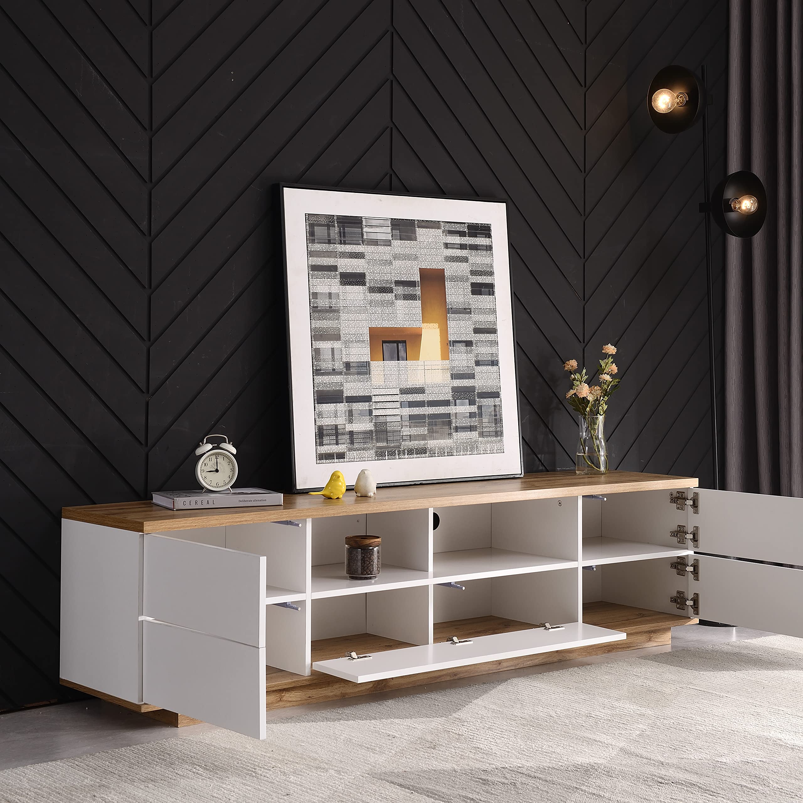 Modern White Merax Wood TV Stand Entertainment Center with Storage Cabinets & Open Shelves - 80