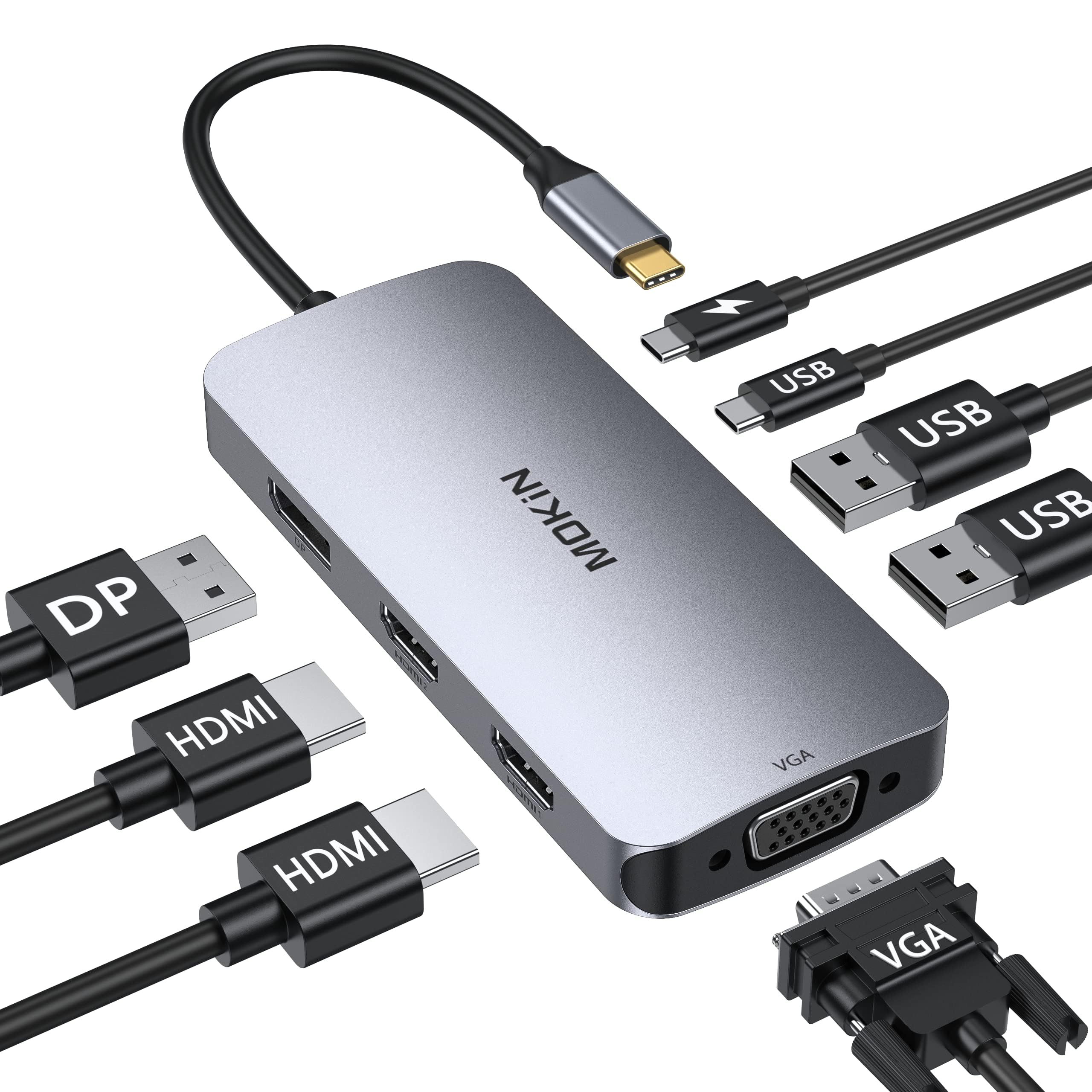 8-in-1 USB C Docking Station with Dual HDMI, DisplayPort & VGA, 100W PD, 3 USB 2.0 Ports - Quad Display USB C Hub for Dell, HP, Lenovo, ASUS, Microsoft - Perfect for Home Office, Remote Work & Multi-Monitor Setup