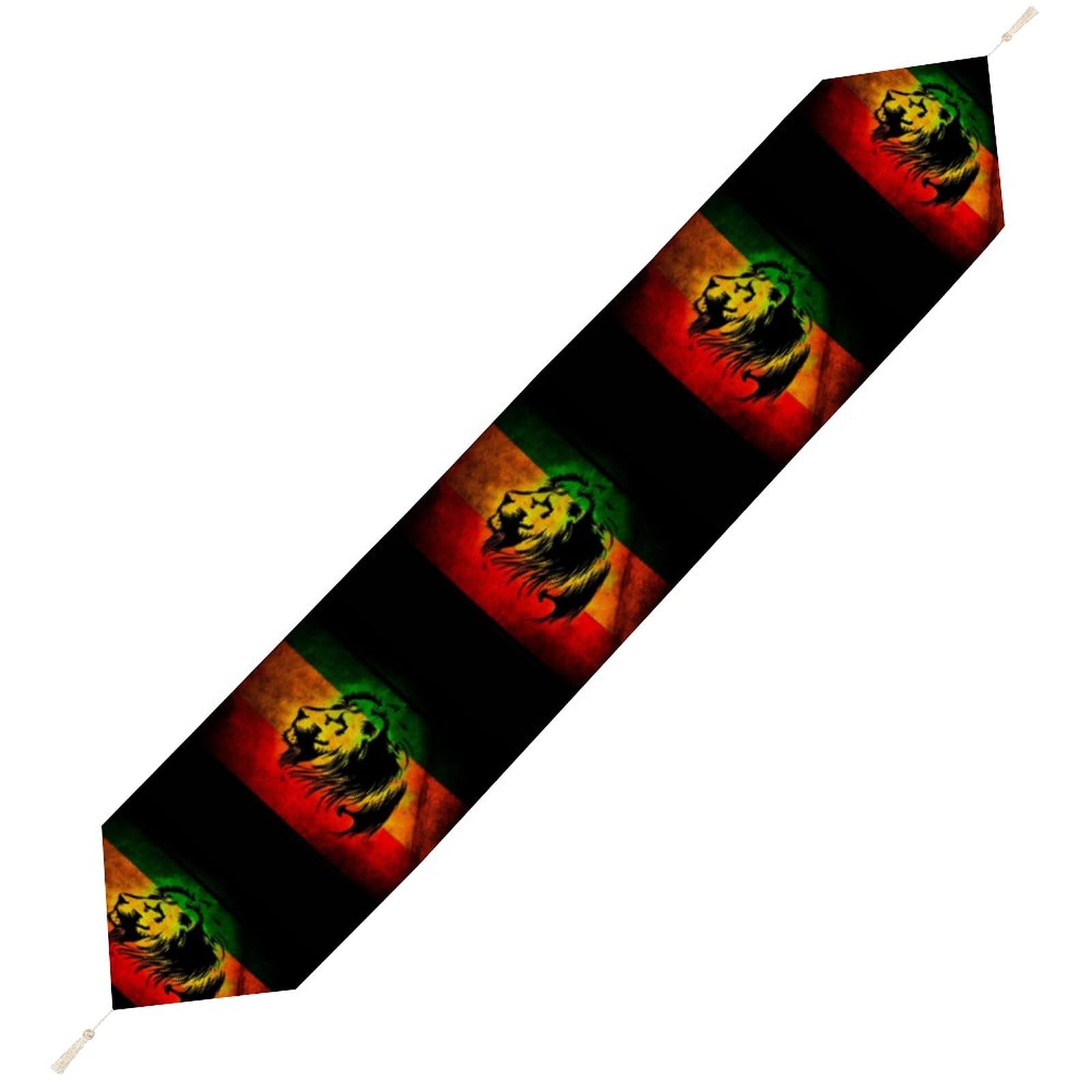 African Lion of Judah Rasta Rastafari Jamaica Flag Table Runner - 70x13 Inch White Cotton Dresser Scarf for Dining Table, Kitchen Decor, Holiday Parties & Ethiopian Celebration - Perfect for Cultural Events & Home Decoration