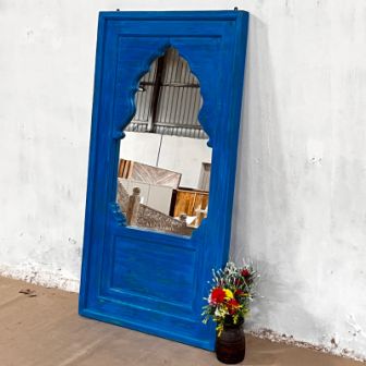 Handmade Indian Wooden Wall Mirror with Intricate Carvings - Blue Frame (80x50x150cm) for Living Room, Bedroom & Entryway Decor