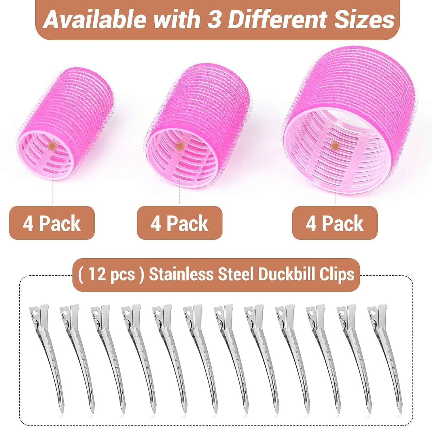 Self Grip Hair Rollers & Heatless Curlers Set - 24 Pcs (3 Sizes: 4 Jumbo, 4 Large, 4 Medium) with 12 Hair Clips for Long/Medium/Short Hair - Yellow & Pink - Perfect for Overnight Styling, Beach Waves & Salon-Quality Curls at Home