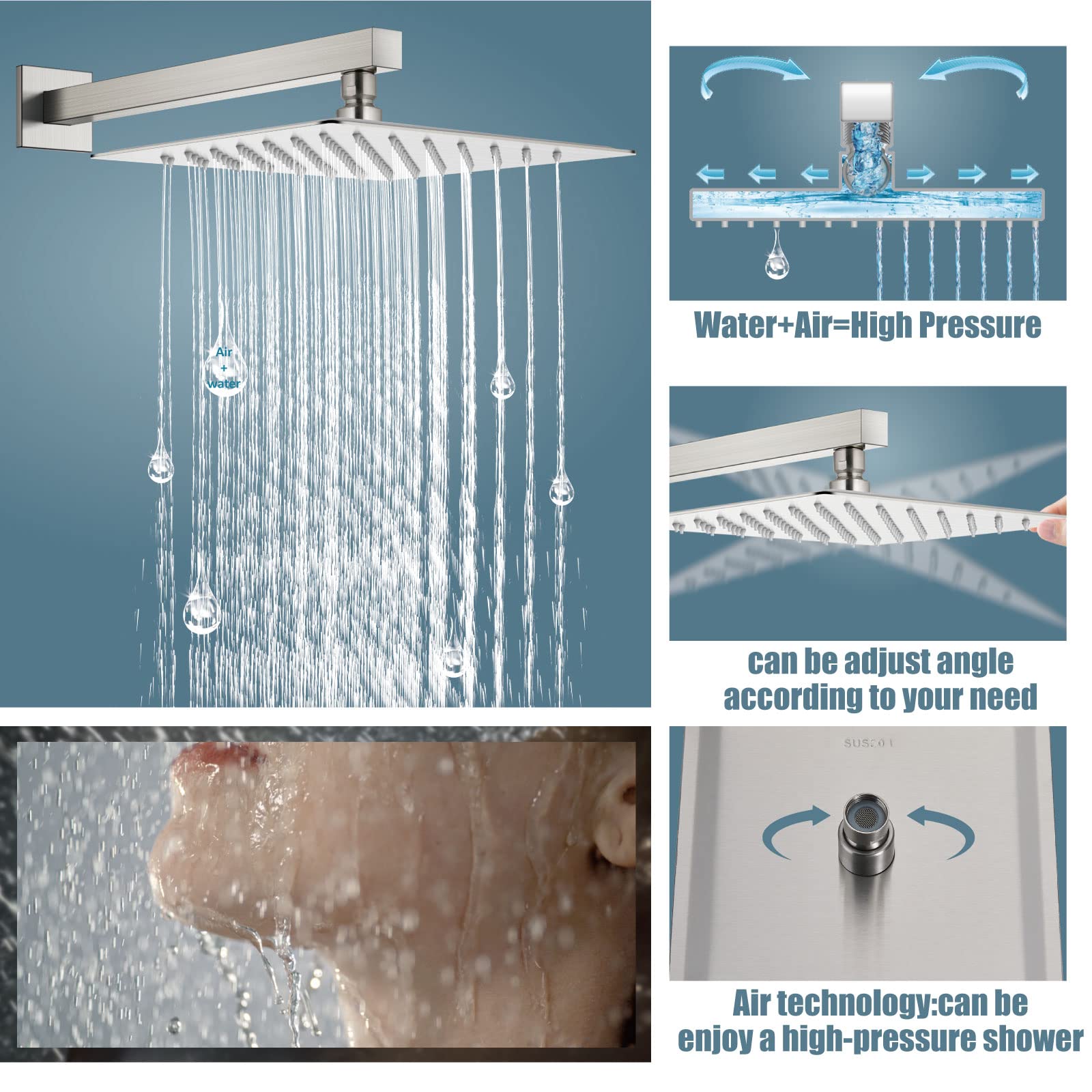 Aolemi 10 Inch Rainfall Shower System Combo Set - Brushed Nickel Wall Mount Shower Head with Handheld Spray, Tub Filler & Rough-in Valve - Luxury Bathroom Shower Mixer Faucet for Spa-Like Relaxation and Modern Home Upgrade