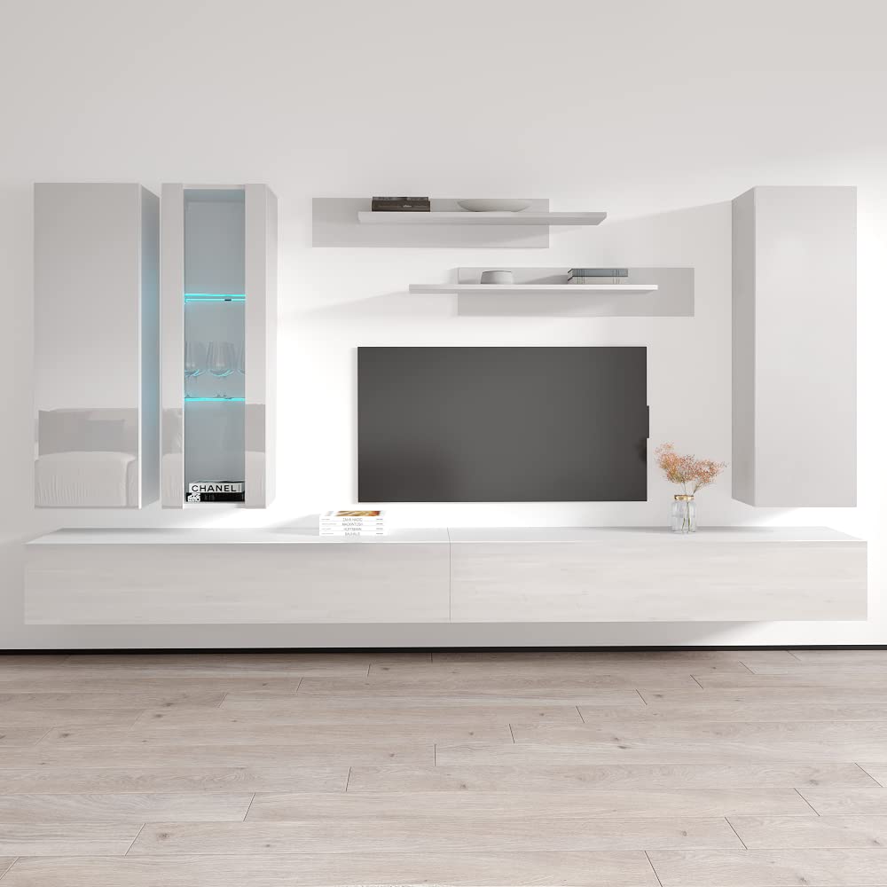 Modern Floating TV Stand with Storage & LED Lights - Wall-Mounted Entertainment Center Console for Bedroom & Living Room - White Meble Furniture Fly EF4 30
