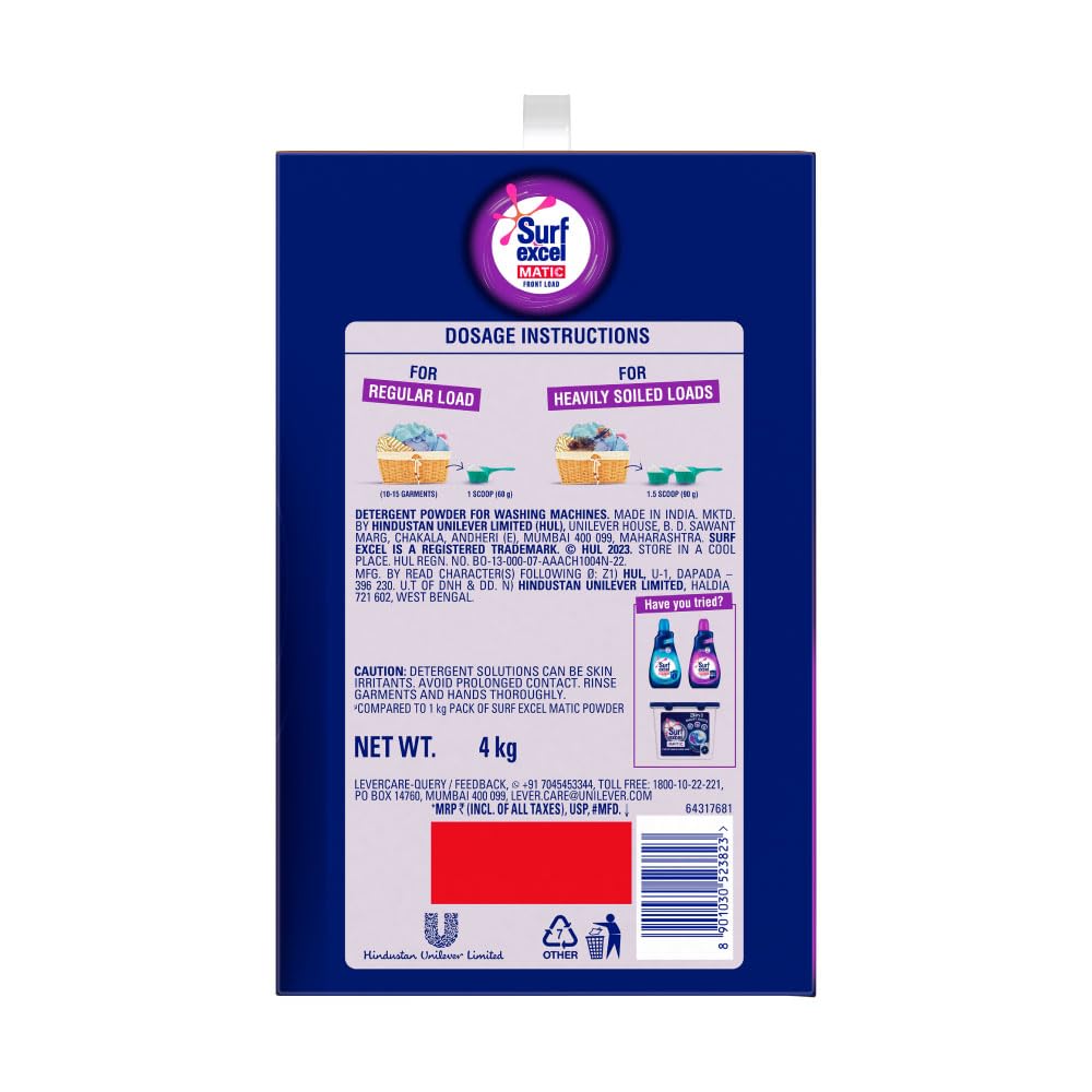 Surf Excel Matic Front Load Washing Machine Detergent Powder 3+1 kg | Heavy Duty Stain Remover for Tough Laundry | Ideal for Front-Loading Washing Machines | Fresh & Clean Clothes for Everyday Use