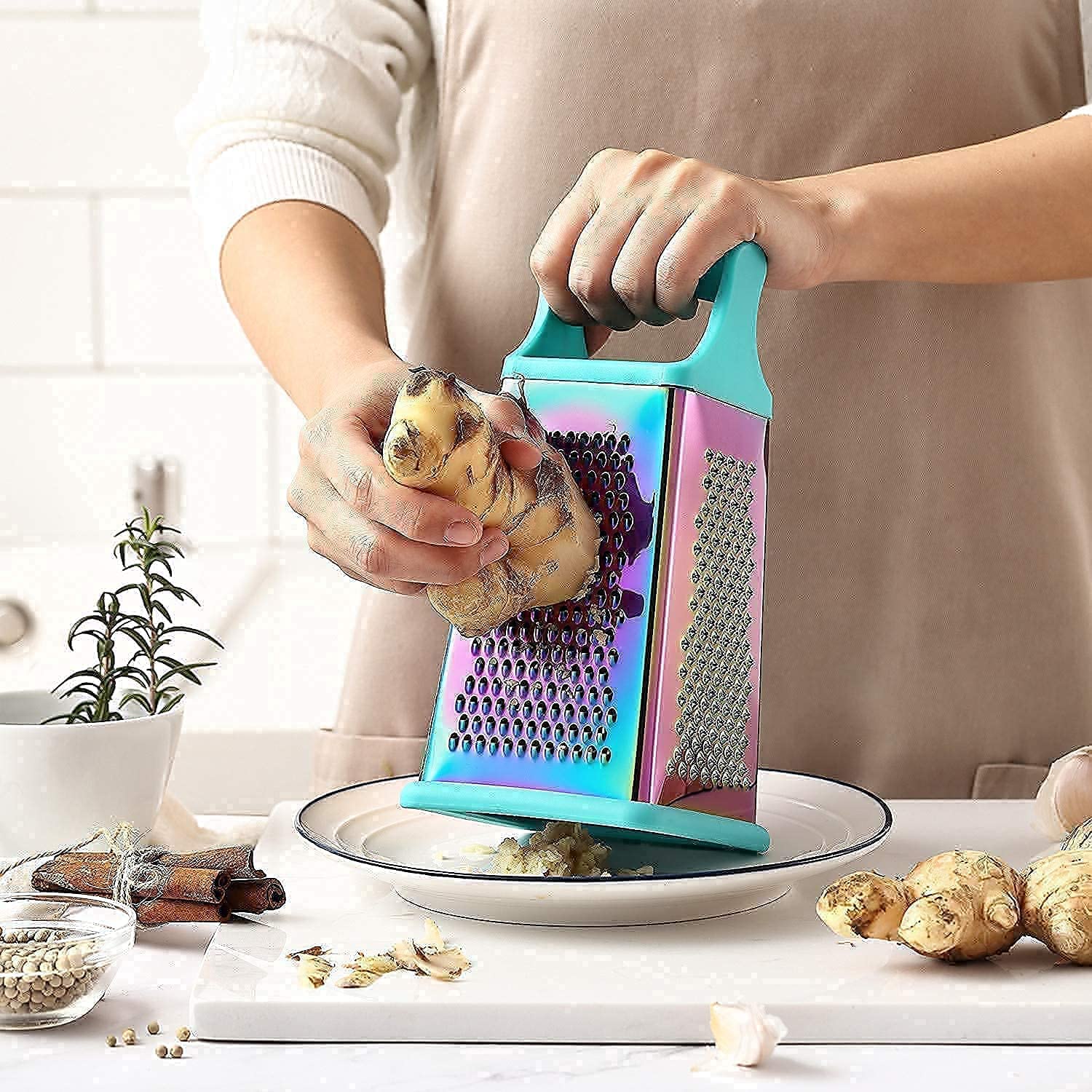 Rainbow Color Cutlery Knife Set - 5-Piece Professional Stainless Steel Kitchen Knives with Wooden Block & Box Grater | Perfect for Home Cooking, Food Prep & Gift Giving