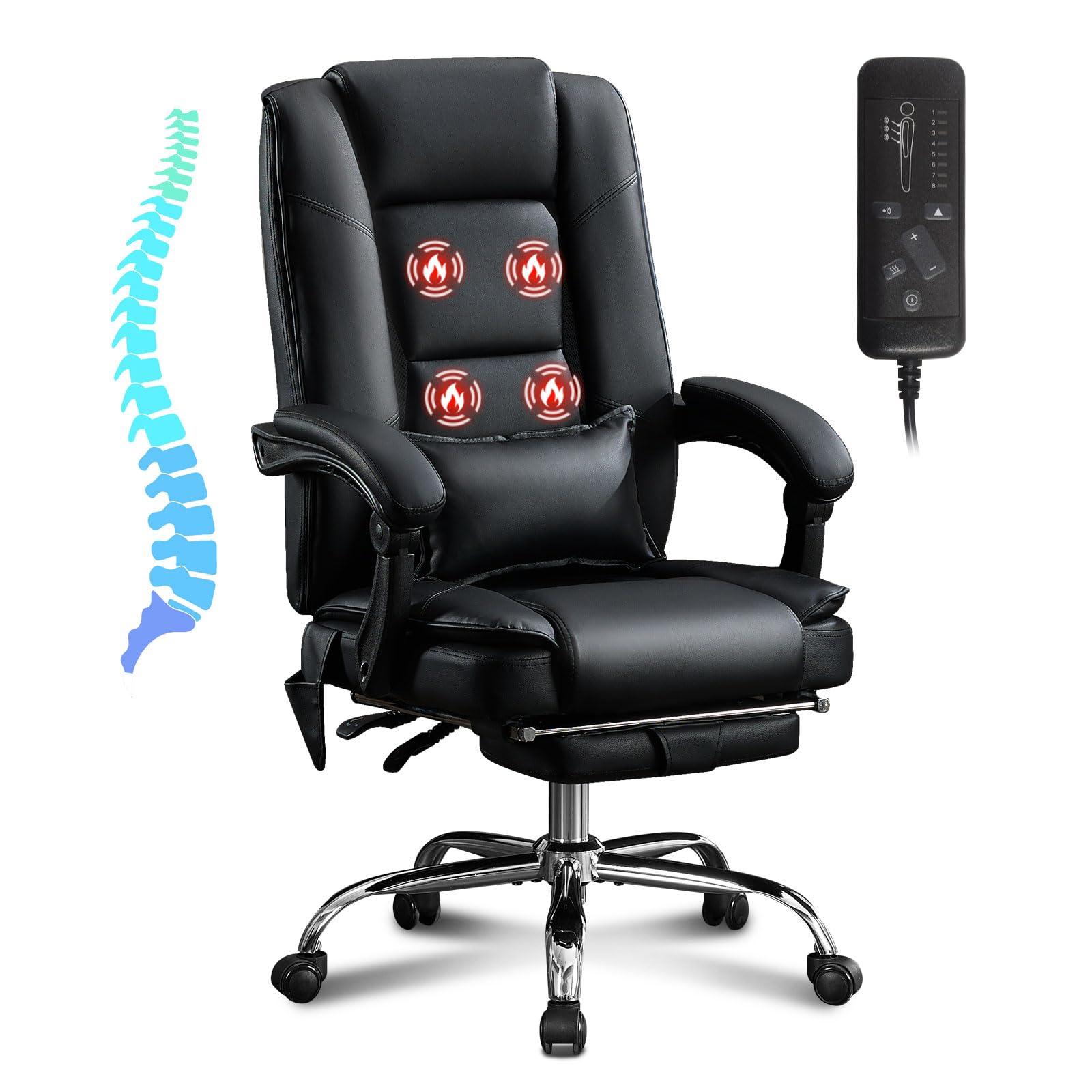Ergonomic Massage Office Chair with Heat & 4 Vibration Points - Executive Reclining Chair with Footrest, Padded Armrests & Wheels - Perfect for Home Office, Gaming & Workspaces